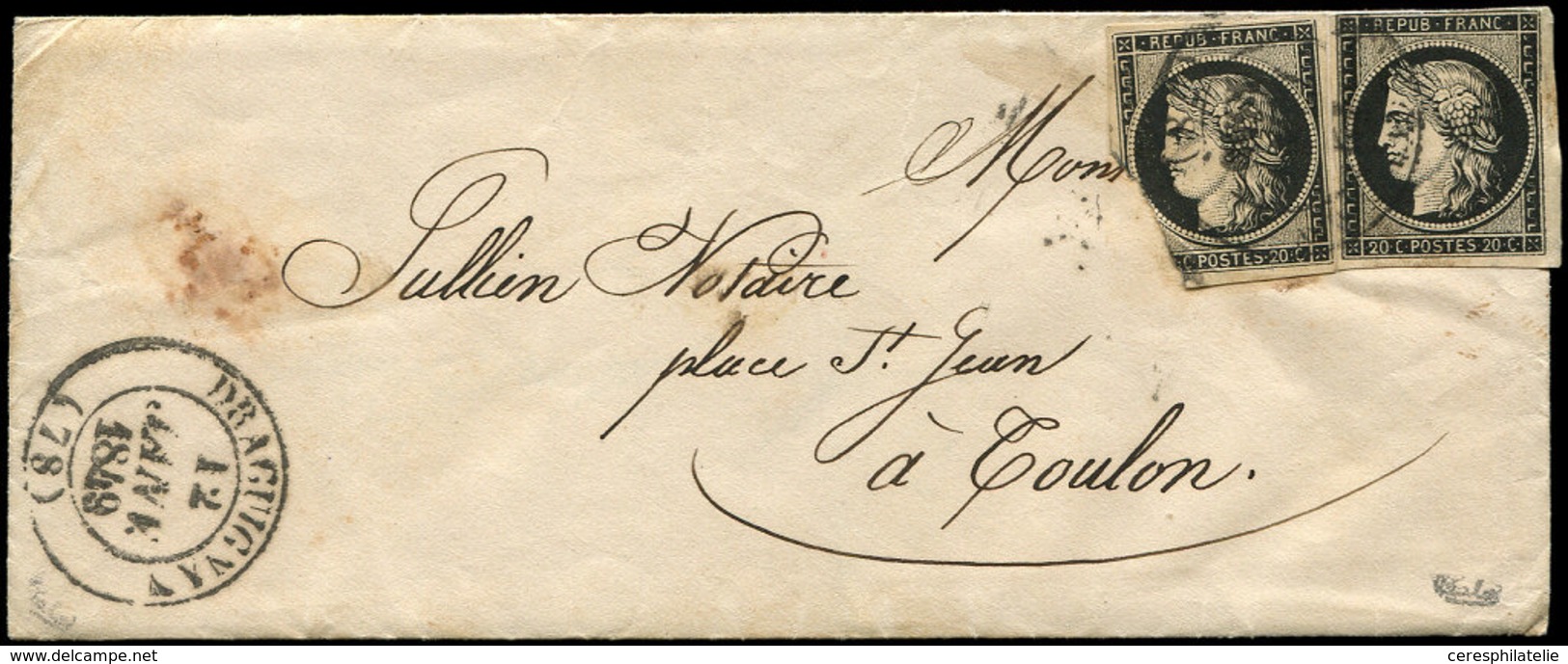 Let EMISSION DE 1849 - 3    20c. Noir Sur Jaune, 2 Ex. (dont Un Très Entamé), Obl. Càd T14 DRAGUIGNAN 12 JANV 49 S. LAC, - 1849-1850 Ceres