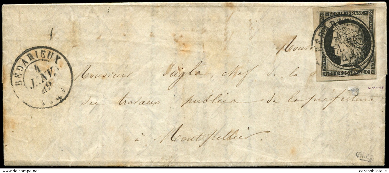 Let EMISSION DE 1849 - 3a   20c. Noir Sur Blanc, Oblitéré Càd T15 BEDARIEUX 4 JANV 49 S. LAC, TTB, Certif. Calves - 1849-1850 Ceres