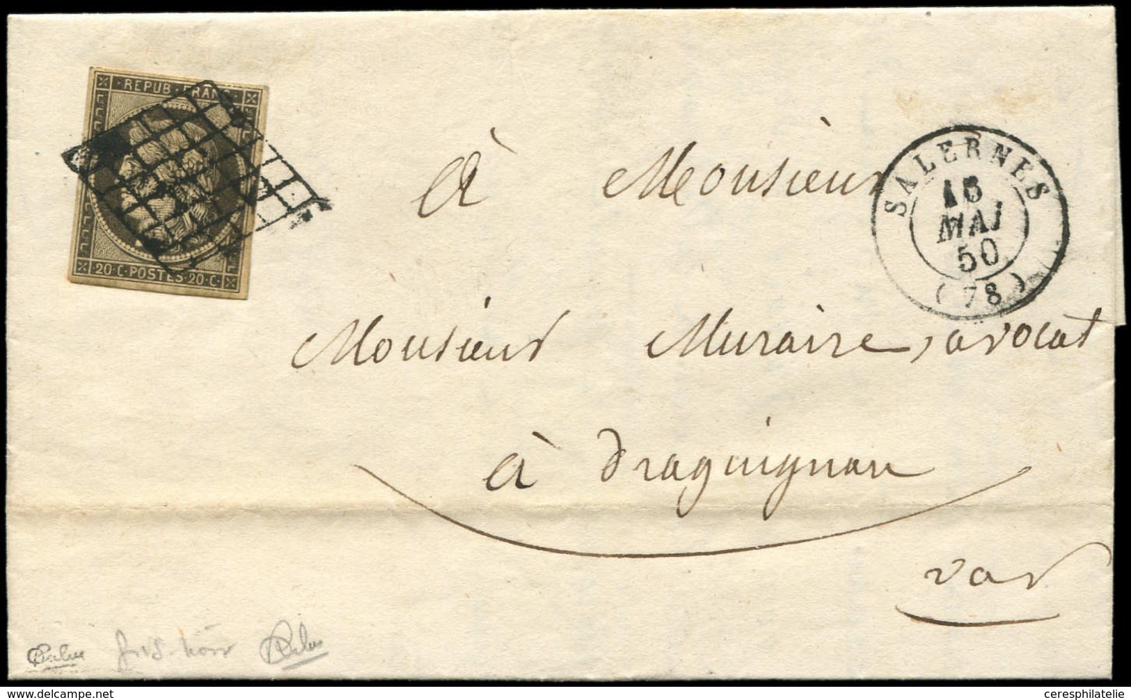 Let EMISSION DE 1849 - 3c   20c. GRIS-NOIR, Obl. GRILLE S. LAC, Càd T15 SALERNES 16/5/50, TB. C - 1849-1850 Ceres