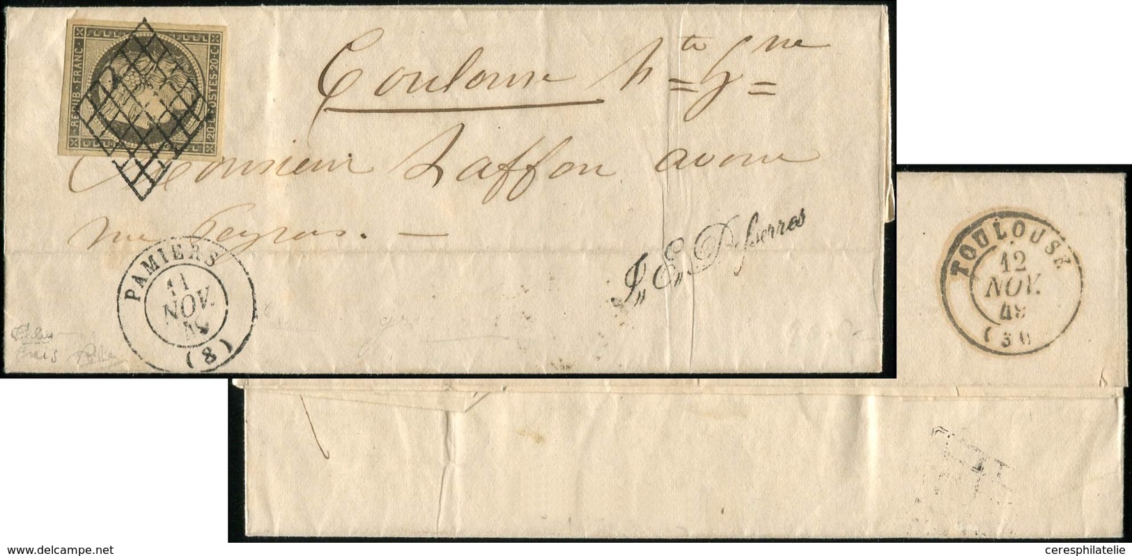 Let EMISSION DE 1849 - 3i   20c. GRIS, Petite Fente, Obl. GRILLE S. LAC, Càd PAMIERS 11/11/49, Frappes TTB, Cote Maury - 1849-1850 Ceres