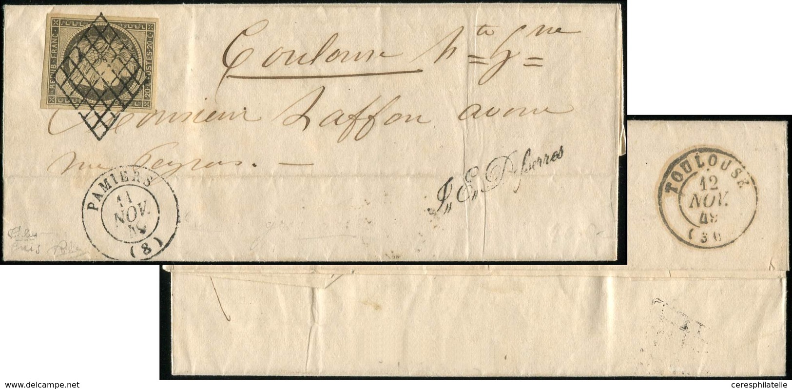 Let EMISSION DE 1849 - 3i   20c. GRIS, Petite Fente, Obl. GRILLE S. LAC, Càd PAMIERS 11/11/49, Frappes TTB, Cote Maury - 1849-1850 Cérès
