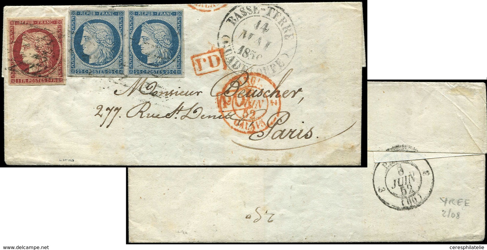 Let EMISSION DE 1849 - 4    25c. Bleu PAIRE + N°6 1f. Carmin, Obl. GRILLE SANS FIN S. LSC De BASSE TERRE GUADELOUPE, Càd - 1849-1850 Ceres