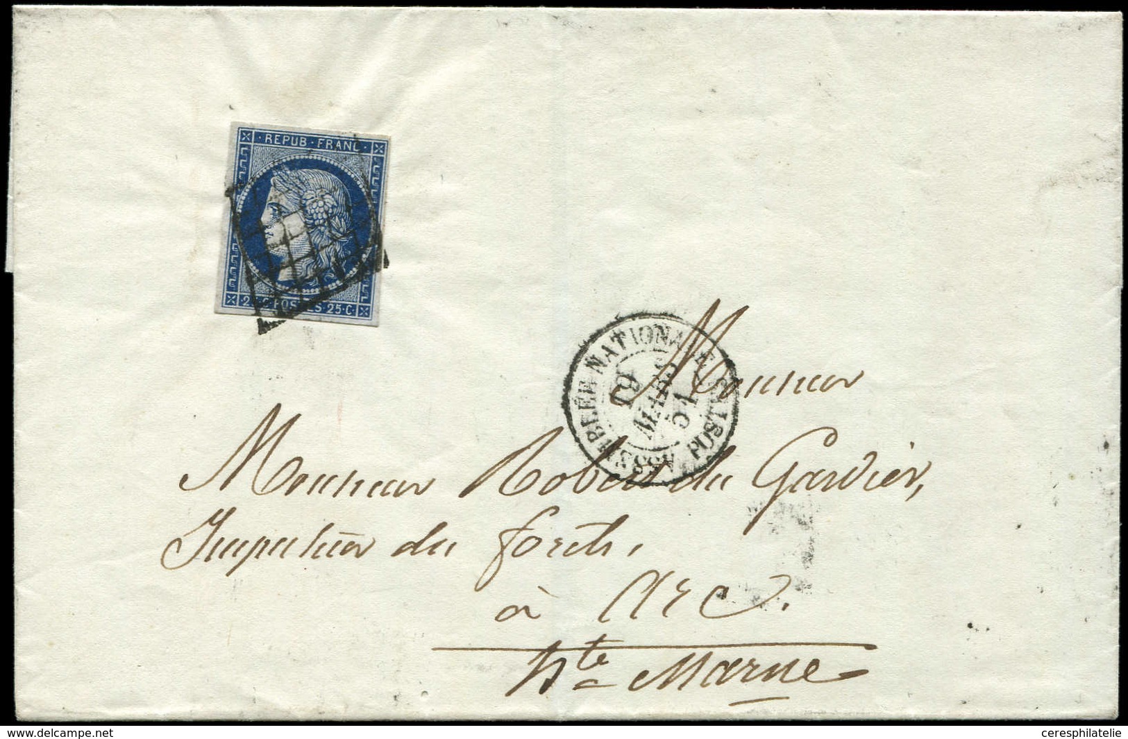 Let EMISSION DE 1849 - 4a   25c. Bleu Foncé, Obl. GRILLE S. LSC, Càd T15 ASSEMBLEE NATIONALE/POSTES 19/3/51, TB - 1849-1850 Ceres