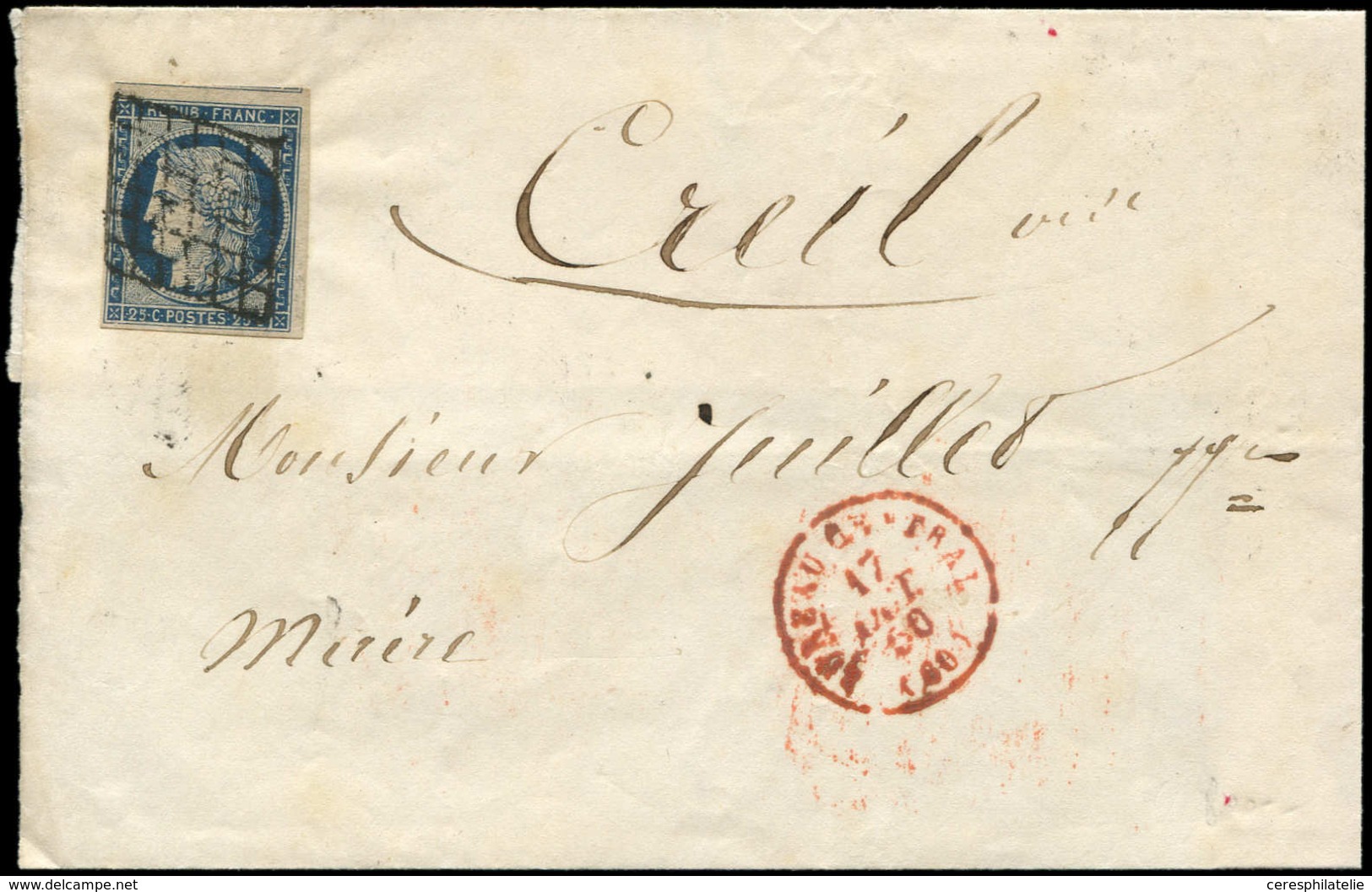 Let EMISSION DE 1849 - 4a   25c. Bleu Foncé Obl. GRILLE S. LSC, Càd Rouge BUREAU CENTRAL 17/10/50, TB - 1849-1850 Ceres