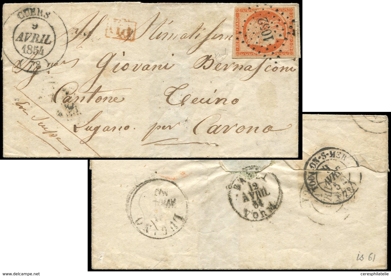 Let EMISSION DE 1849 - 5    40c. Orange, Au Filet Dans Un Angle, Obl. PC 1052 S. LSC, Càd T14 CUERS 9/4/54, Arr. LUGANO, - 1849-1850 Ceres