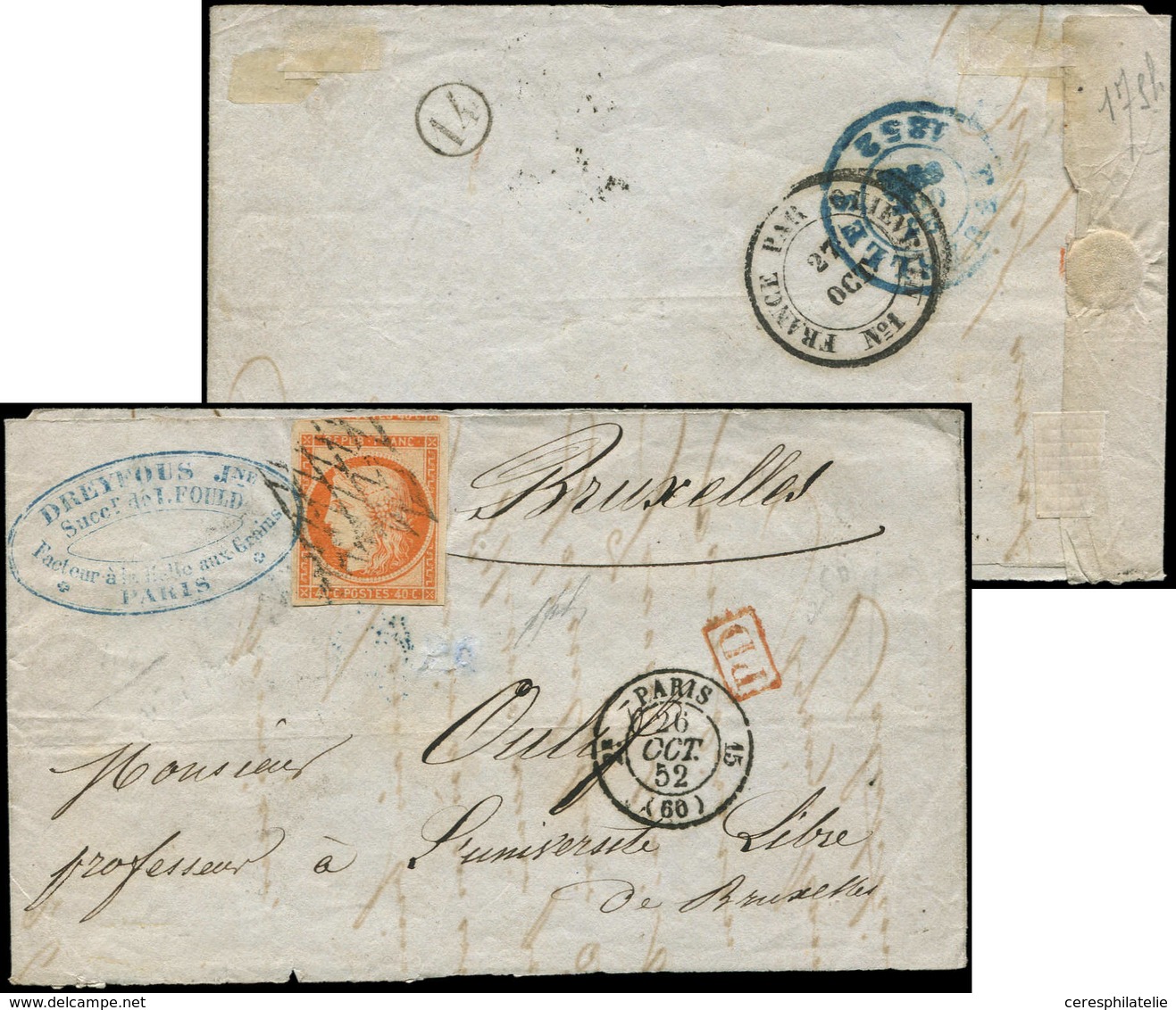 Let EMISSION DE 1849 - 5    40c. Orange, Obl. GRILLE SANS FIN S. LAC Incomplète, Càd PARIS 26/10/52, Arr. BRUXELLES Le 2 - 1849-1850 Ceres