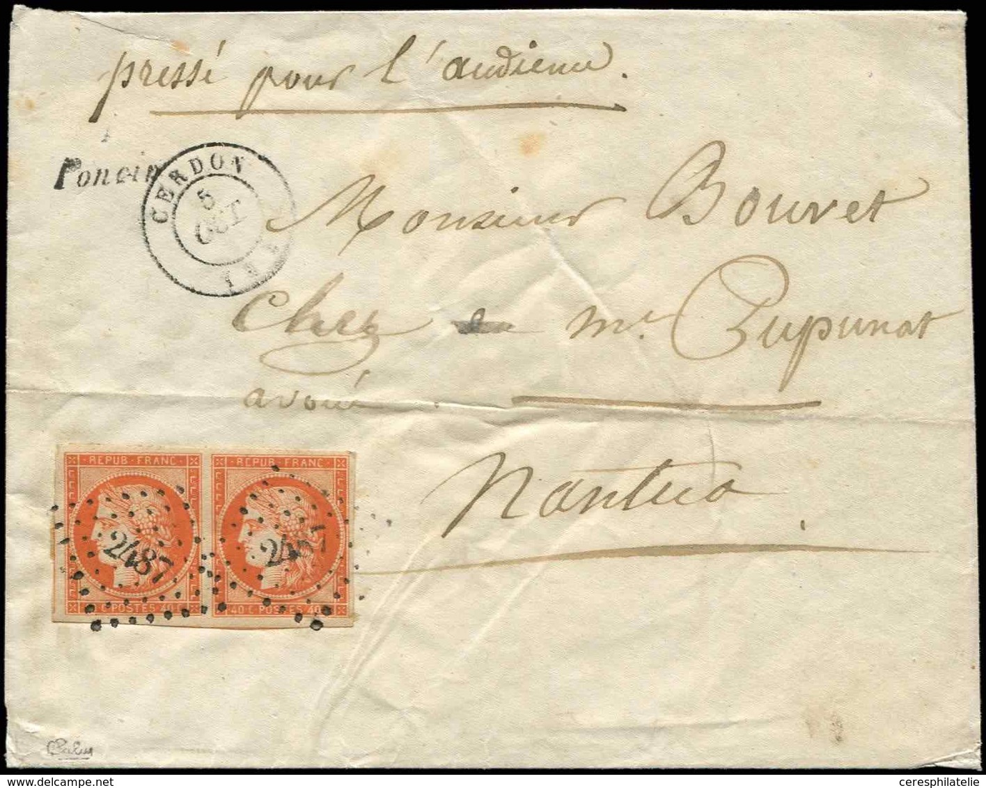 Let EMISSION DE 1849 - 5    40c. Orange, PAIRE Oblitérée PC 2487 S. Env., Cursive 1/PONCIN, Càd T15 CERDON 5/10/54, Arri - 1849-1850 Cérès