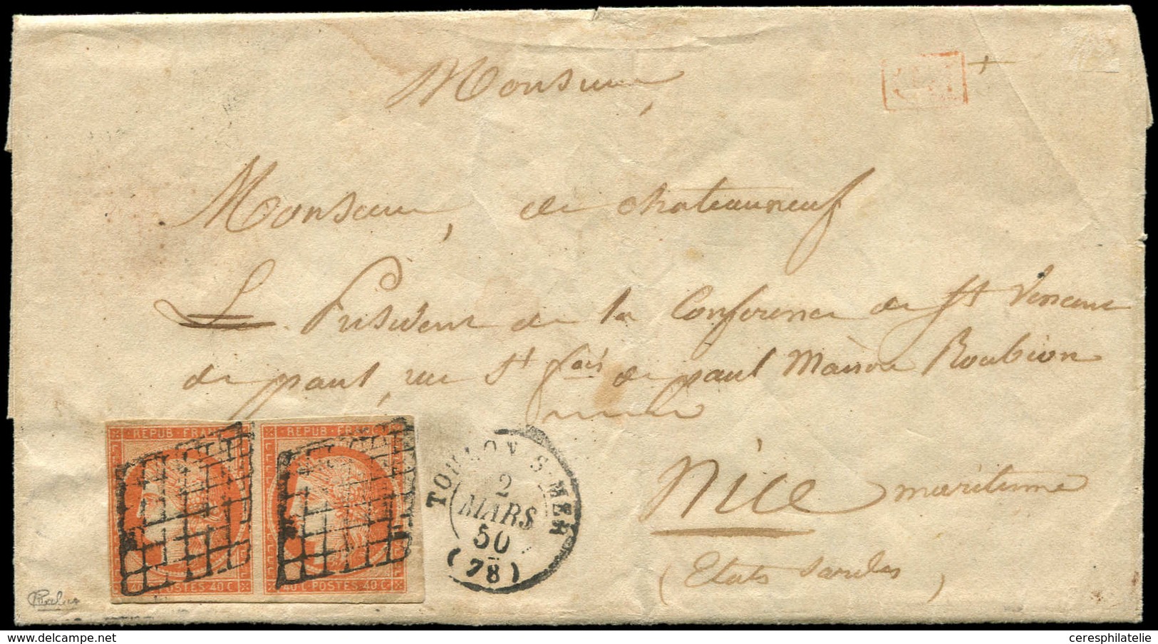 Let EMISSION DE 1849 - 5    40c. Orange, PAIRE Obl. GRILLE S. LAC, Càd TOULON-S-MER 2/3/50, Arr. NIZZA MARITa, TTB - 1849-1850 Cérès