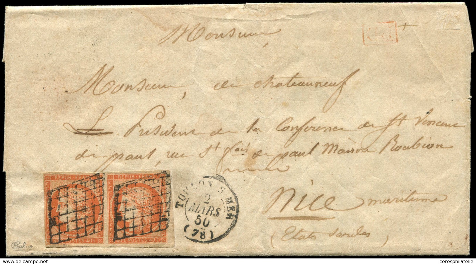 Let EMISSION DE 1849 - 5    40c. Orange, PAIRE Obl. GRILLE S. LAC, Càd TOULON-S-MER 2/3/50, Arr. NIZZA MARITa, TTB - 1849-1850 Ceres