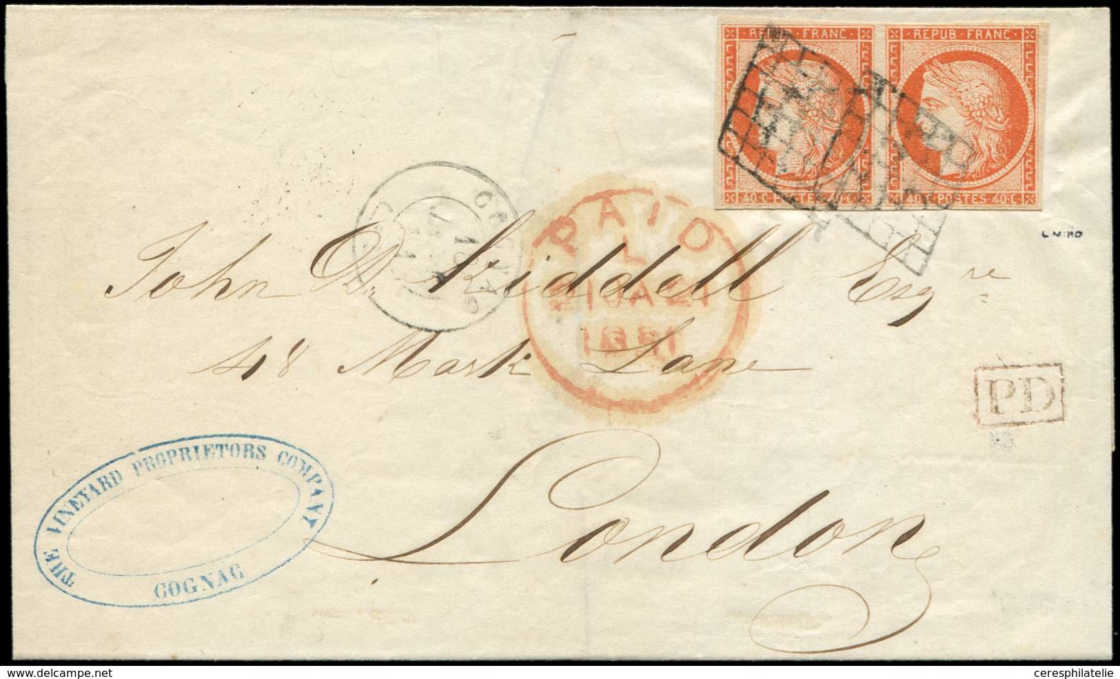 Let EMISSION DE 1849 - 5    40c. Orange, PAIRE Obl. GRILLE S. LSC, Càd T15 COGNAC 18/1/51, Arr. LONDON 21/1, TTB. M - 1849-1850 Ceres