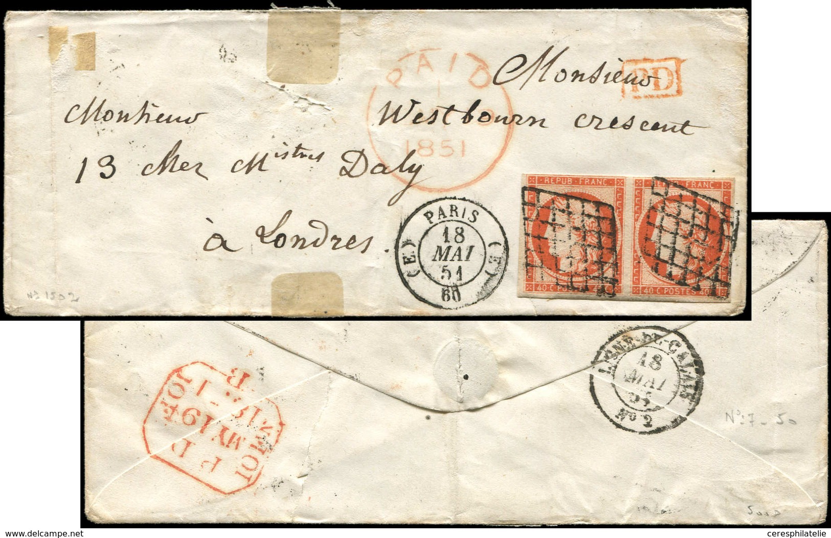 Let EMISSION DE 1849 - 5    40c. Orange, PAIRE Obl. GRILLE S. Env., Càd (E) PARIS (E) 18/5/51, Arr. LONDRES Le 19/5, TB - 1849-1850 Ceres