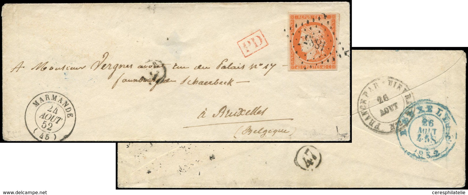 Let EMISSION DE 1849 - 5d   40c. Orange, 4 RETOUCHE, Obl. PC 1885 S. Env., Càd T15 MARMANDE 24/8/52, Arr. BRUXELLES, Sup - 1849-1850 Ceres