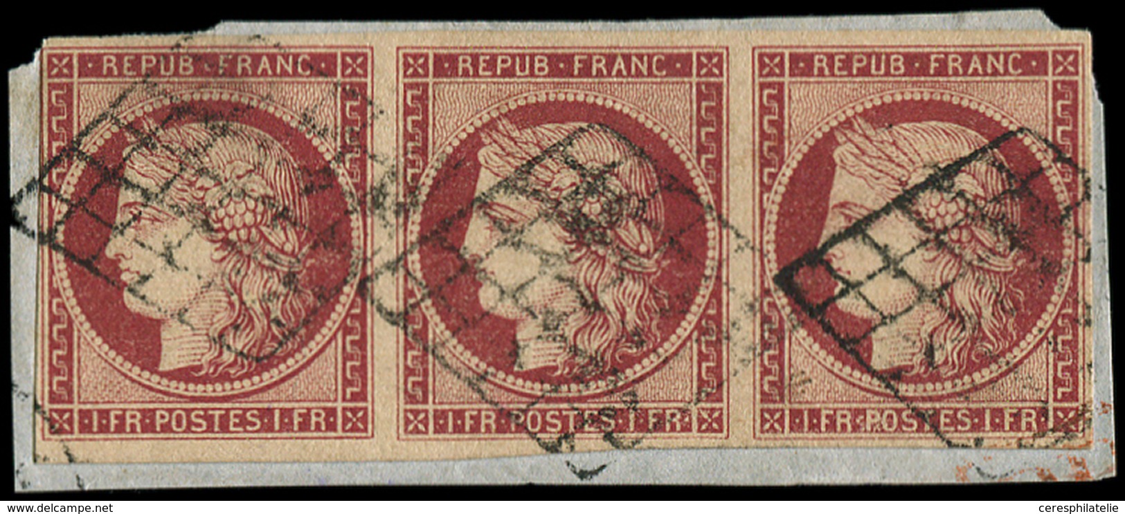 EMISSION DE 1849 - 6     1f. Carmin, BANDE De 3 Filet Intact Tout Autour, Obl. GRILLE Sur Fragment, TB. C - 1849-1850 Ceres