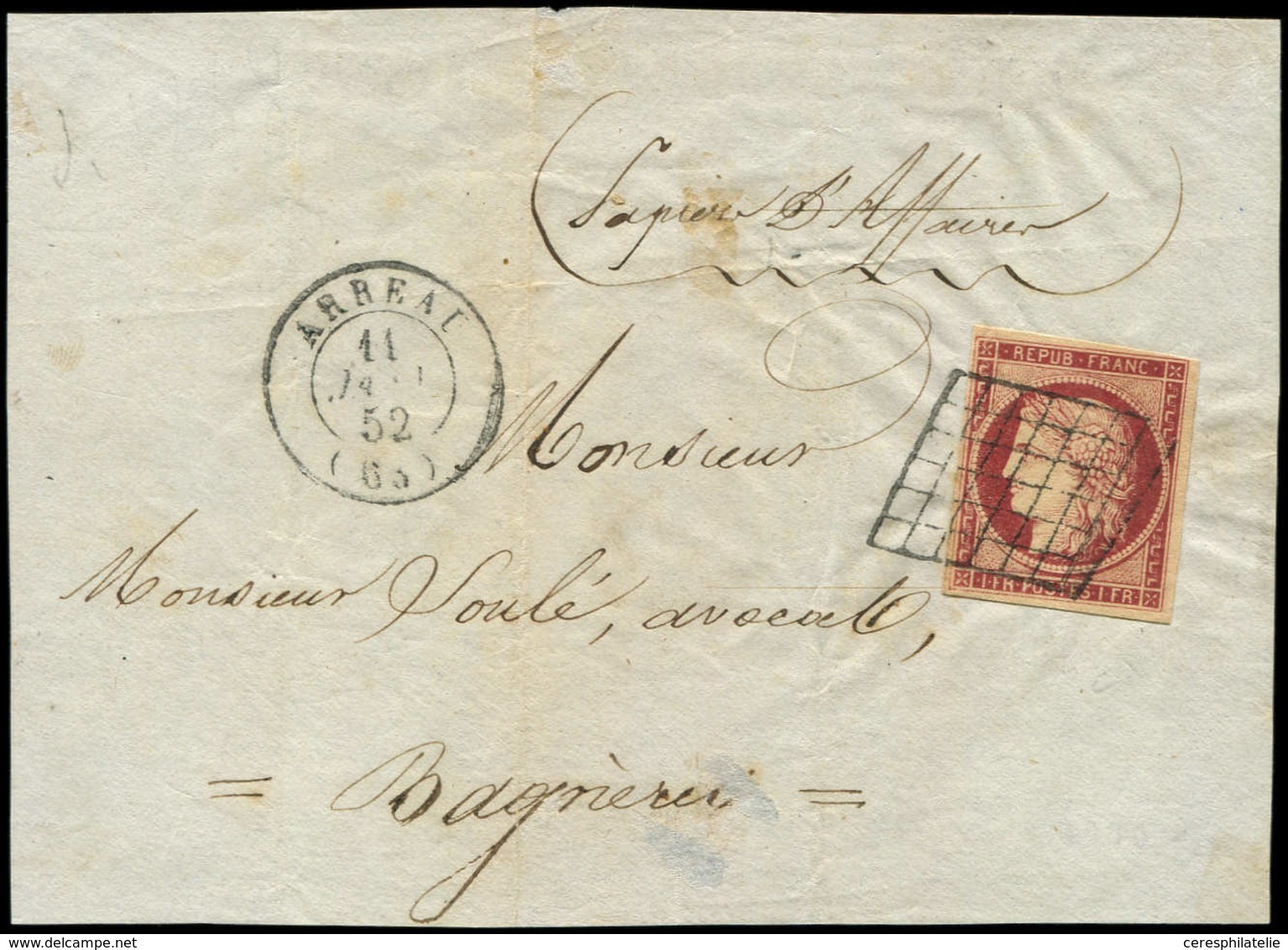 Let EMISSION DE 1849 - 6     1f. Carmin, Obl. GRILLE S. DL, Càd T15 ARREAU 11/1/52, Frappes TTB, Cote Détaché - 1849-1850 Ceres