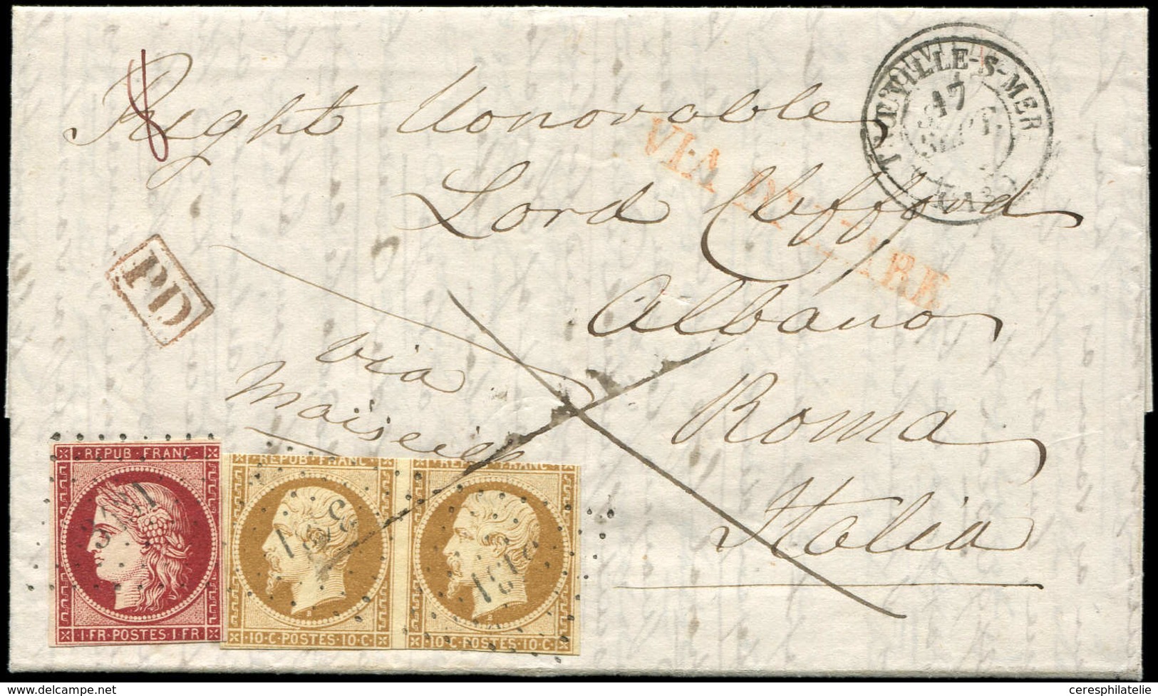 Let EMISSION DE 1849 - 6     1f. Carmin Et N°9 10c. Bistre-jaune PAIRE, Obl. PC 3131 Sur LAC, Càd T15 TROUVILLE-S-MER 17 - 1849-1850 Cérès