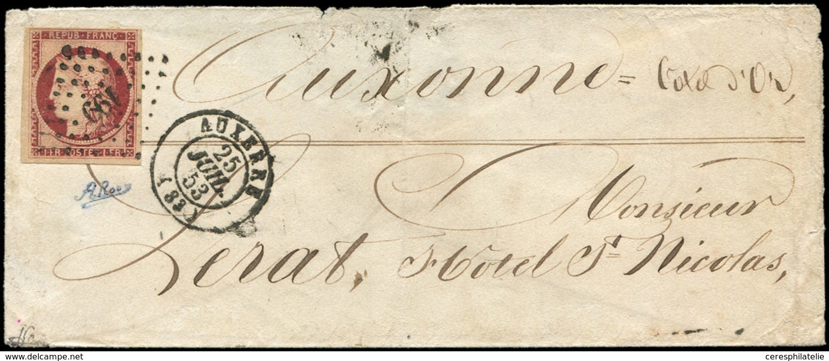 Let EMISSION DE 1849 - 6b    1f. Carmin Foncé, Obl. PC 199 S. Env., Càd T15 AUXERRE 25/7/53, TTB - 1849-1850 Ceres