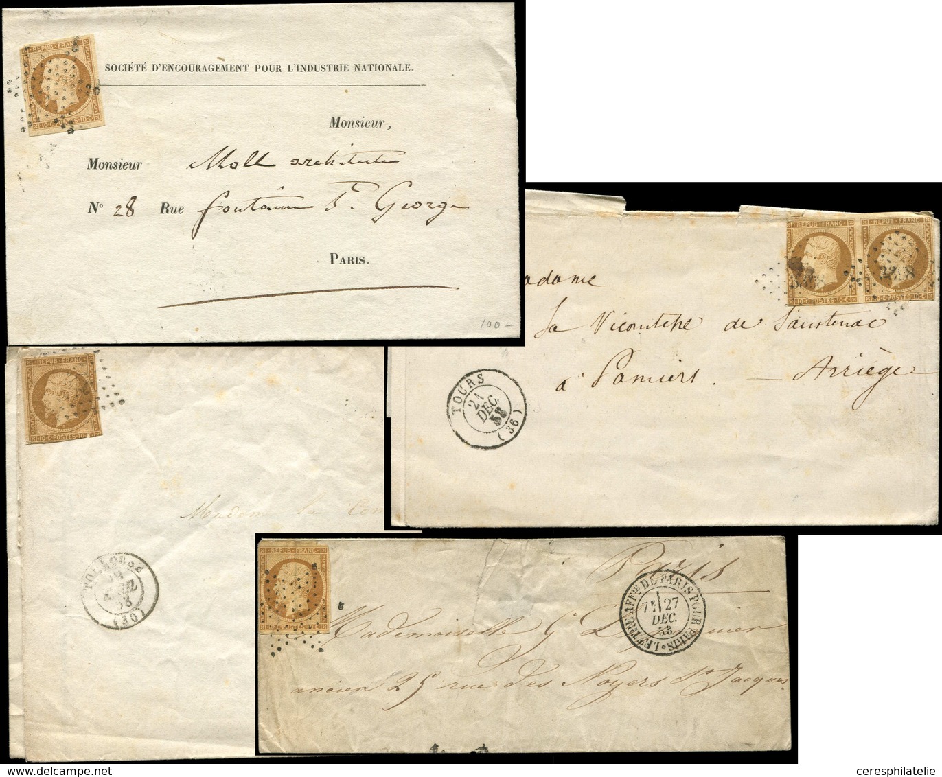 Let PRESIDENCE - 9    10c. Bistre, 3 Unités Et Une Paire Obl. S. 4 Lettres, Nuances Diverses, Timbres Défx, B - 1852 Luis-Napoléon