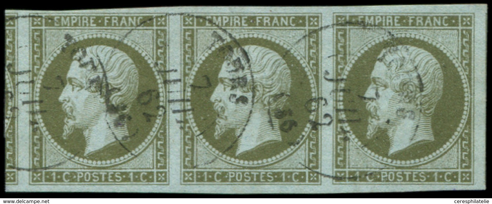 EMPIRE NON DENTELE - 11    1c. Olive, BANDE De 3 Obl. Càd T15 TOURS 7/7/62, Grandes Marges, Voisin à Gauche, TTB/Superbe - 1853-1860 Napoleon III