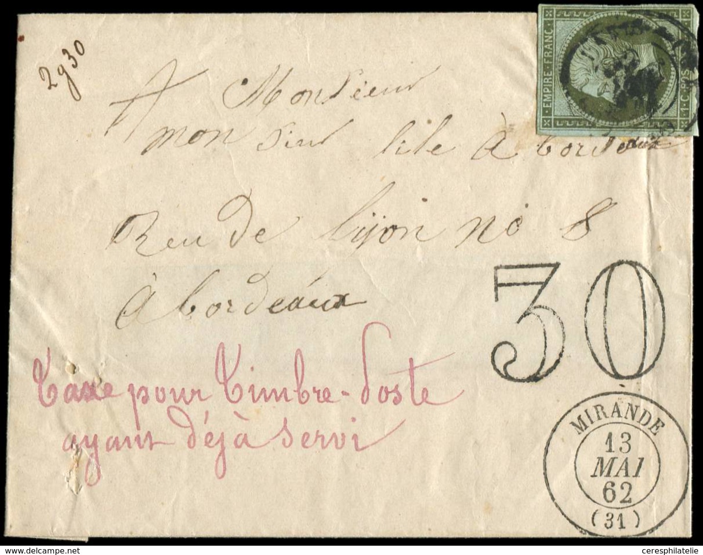 Let EMPIRE NON DENTELE - 11    1c. Olive, Obl. S. Bande, Càd T15 MIRANDE 13/5/62, "Taxe Pour Timbre-poste Ayant Déjà Ser - 1853-1860 Napoléon III.