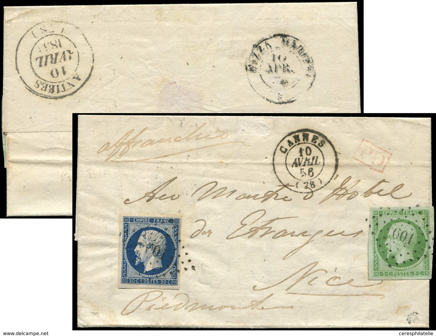 Let EMPIRE NON DENTELE - 12 Et 14A, 5c. Vert Et 20c. Bleu T I, Obl. PC 601 S. LAC, Càd T15 CANNES 10/4/56, Arr. NICE Le  - 1853-1860 Napoléon III.