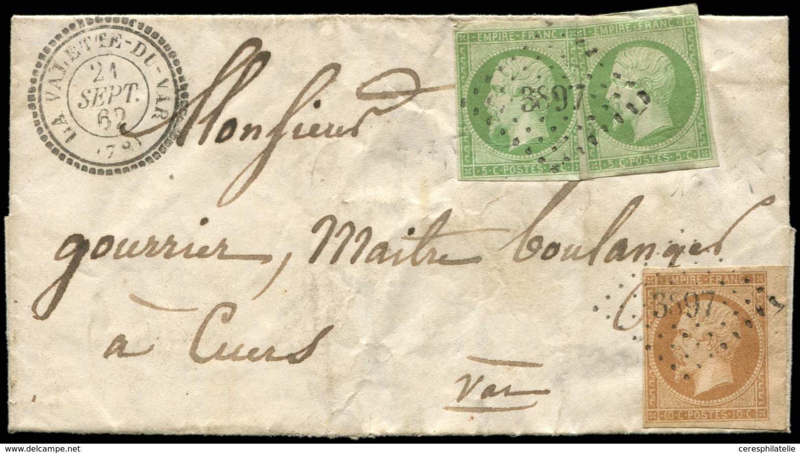 Let EMPIRE NON DENTELE - 12    5c. Vert, 2 Ex. Dont Un Défx Et N°13B 10c. Bistre T II Petit Bdf, Obl. PC 3897 Sur LAC, C - 1853-1860 Napoléon III.