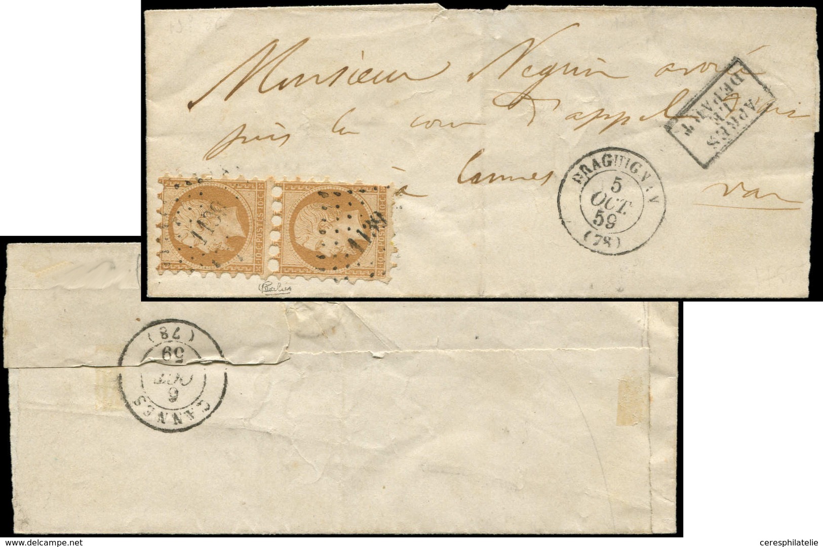 Let EMPIRE NON DENTELE - 13A  10c. Bistre, T I, PIQUAGE SUSSE, PAIRE Obl. PC 1139 S. LSC, Càd T15 DRAGUIGNAN 5/10/59, Ar - 1853-1860 Napoleon III