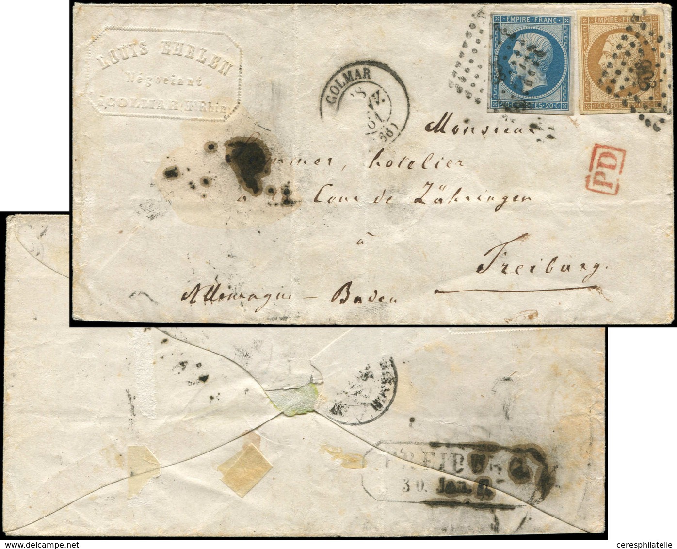 Let EMPIRE NON DENTELE - 13A Et 14A, 10c. Bistre, T I Et 20c. Bleu T I, Obl. PC 908 S. Env., Càd T15 COLMAR 28/1/61, Arr - 1853-1860 Napoleone III