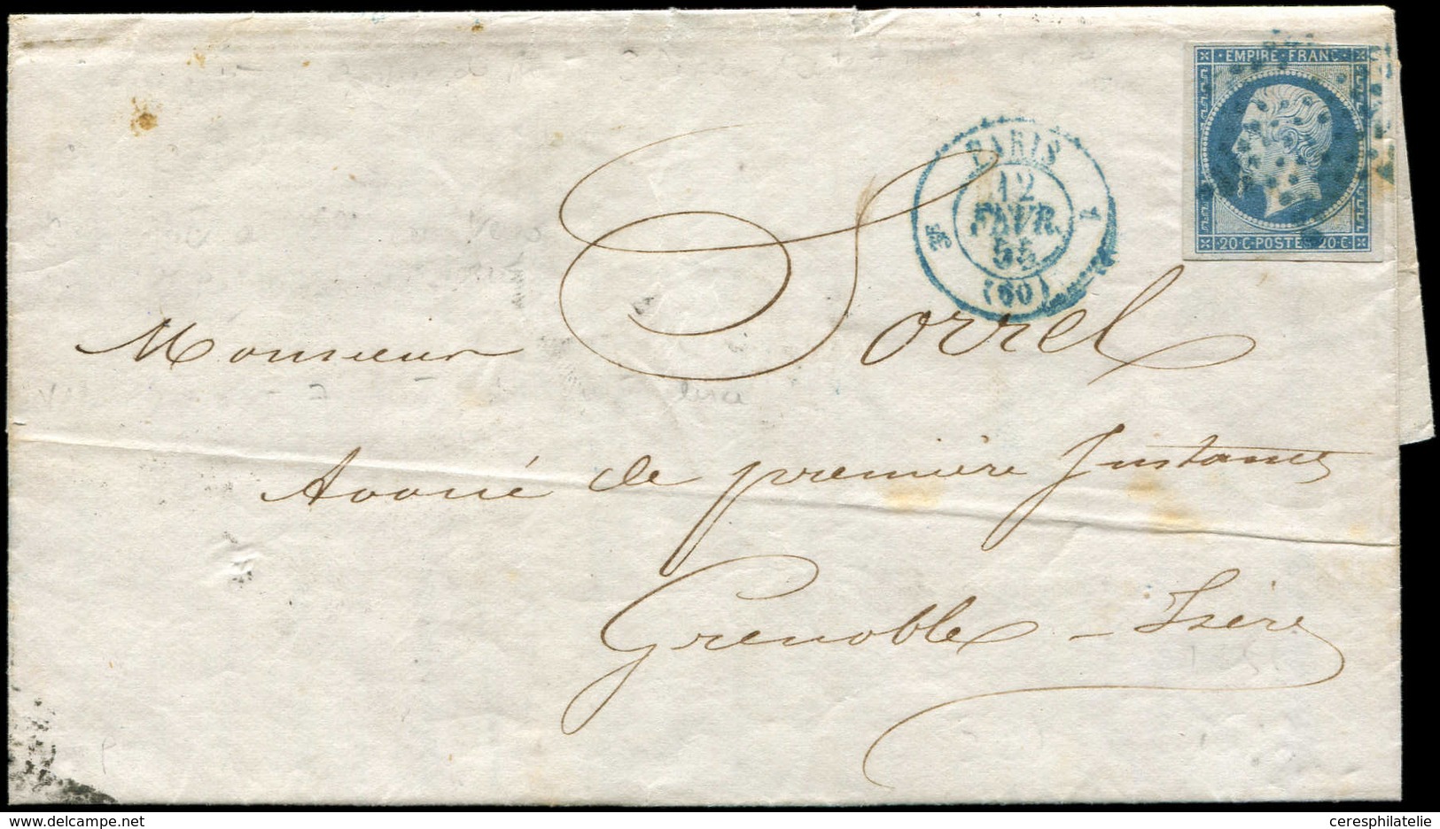 Let EMPIRE NON DENTELE - 14A  20c. Bleu Obl. ETOILE S. LAC, Càd T1330 PARIS 12/2/55, Le Tout En BLEU, TB - 1853-1860 Napoleone III