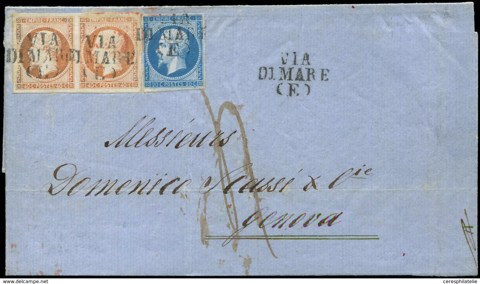 Let EMPIRE NON DENTELE - 14A  20c. Bleu, T I Et N°16 40c. Orange PAIRE, Obl. Griffe VIA/DI MARE (E) S. LSC De VOLO Du 26 - 1853-1860 Napoléon III.