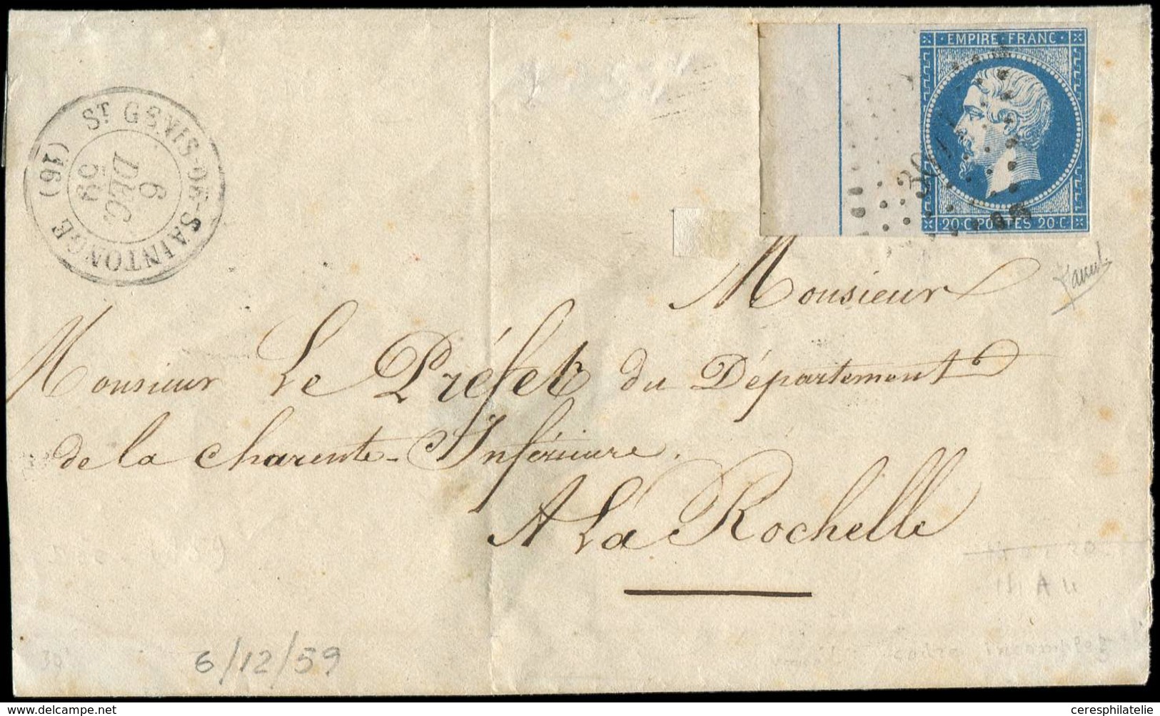 Let EMPIRE NON DENTELE - 14Ai 20c. Bleu, Bdf FILET D'ENCADREMENT, Obl. PC 3077 S. LSC, Càd T15 ST GENIS De SAINTONGE 6/1 - 1853-1860 Napoléon III.