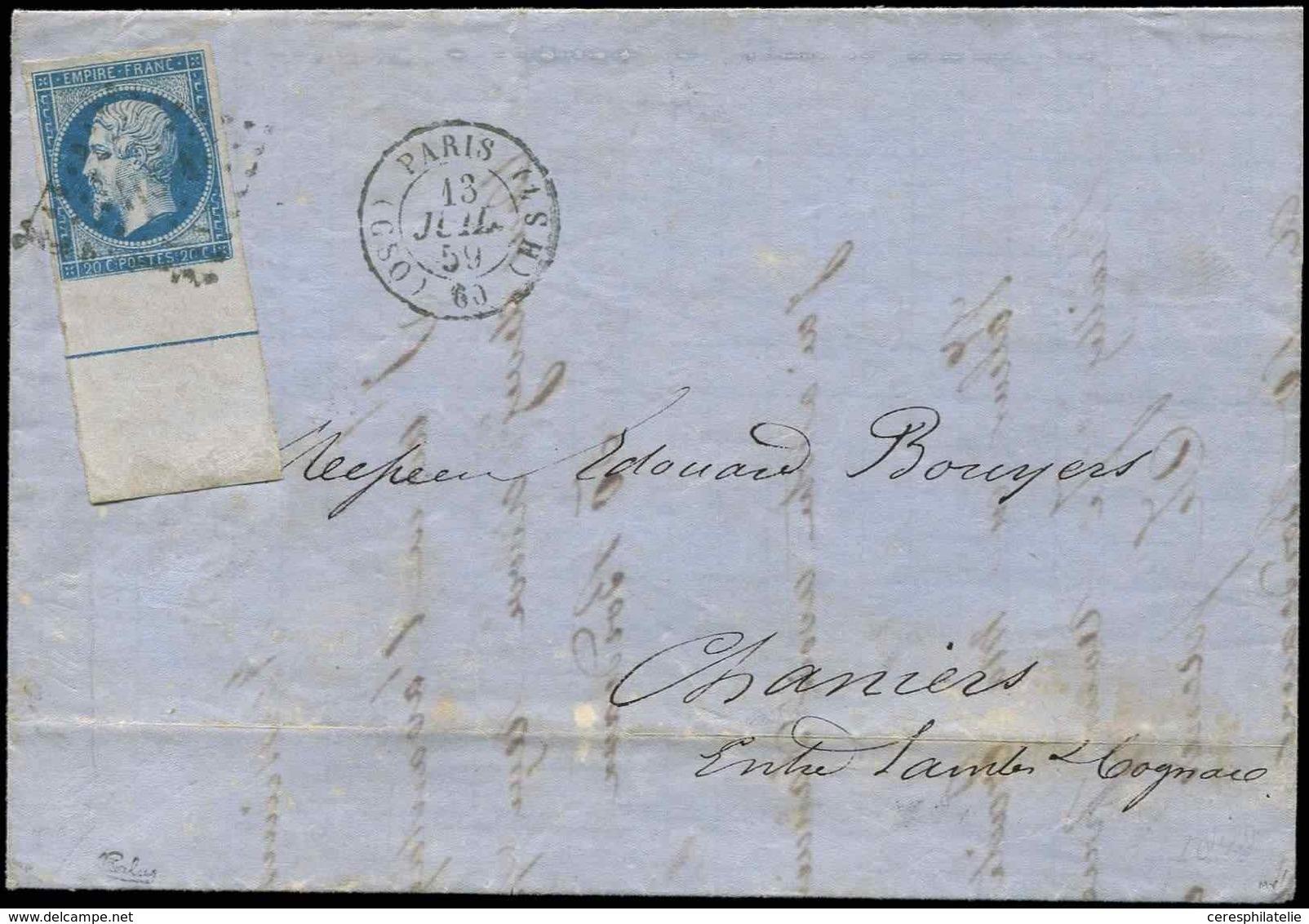 Let EMPIRE NON DENTELE - 14Ai 20c. Bleu, T I, Bdf Avec FILET D'ENCADREMENT, Obl. Los. HS4 Bâton S. LAC, Càd T1518 (GSO)  - 1853-1860 Napoleone III