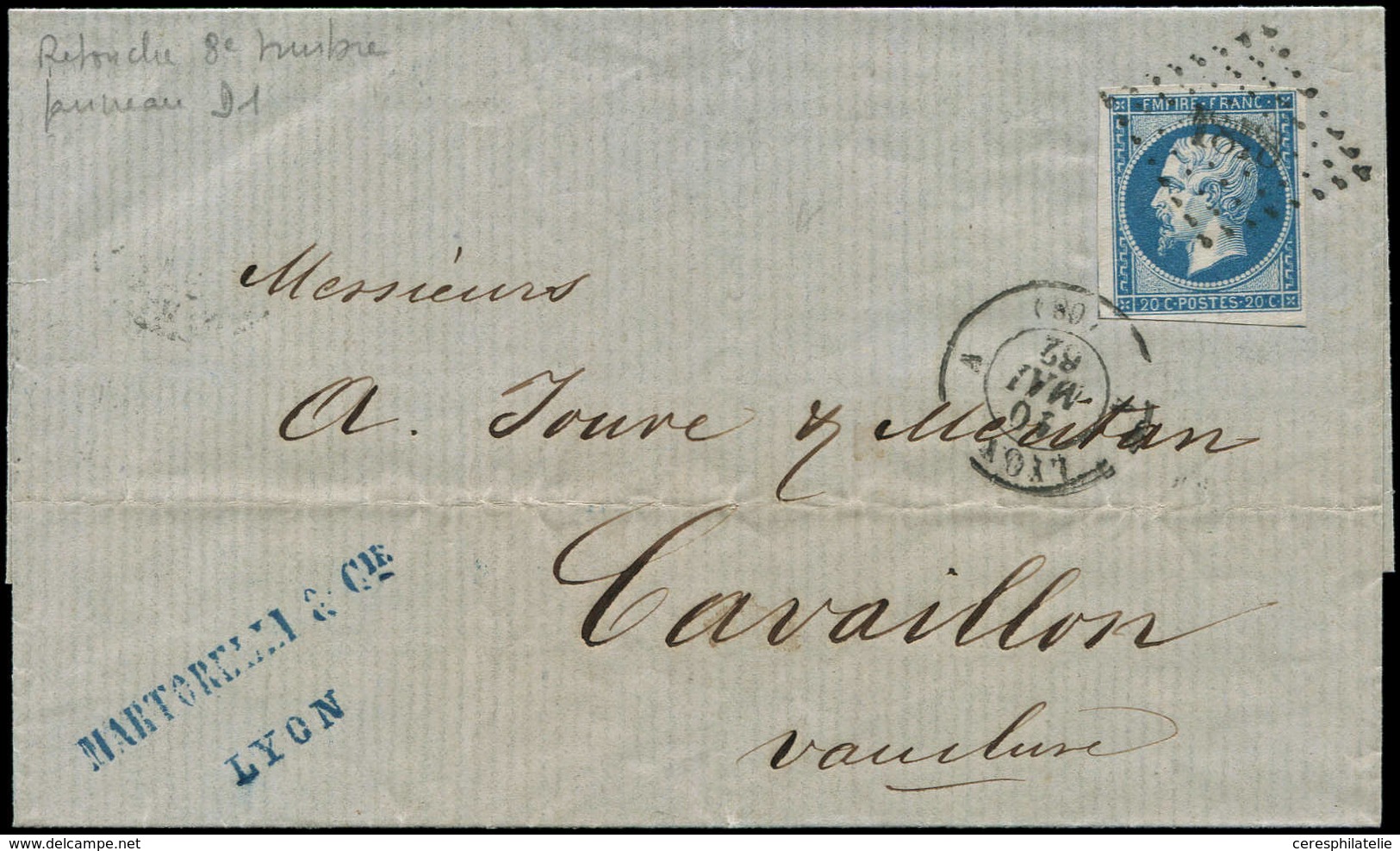 Let EMPIRE NON DENTELE - 14B  20c. Bleu, T II, Retouche De La Légende Supérieure, Panneau D1 8e Timbre, Obl. PC 1818 S.  - 1853-1860 Napoléon III