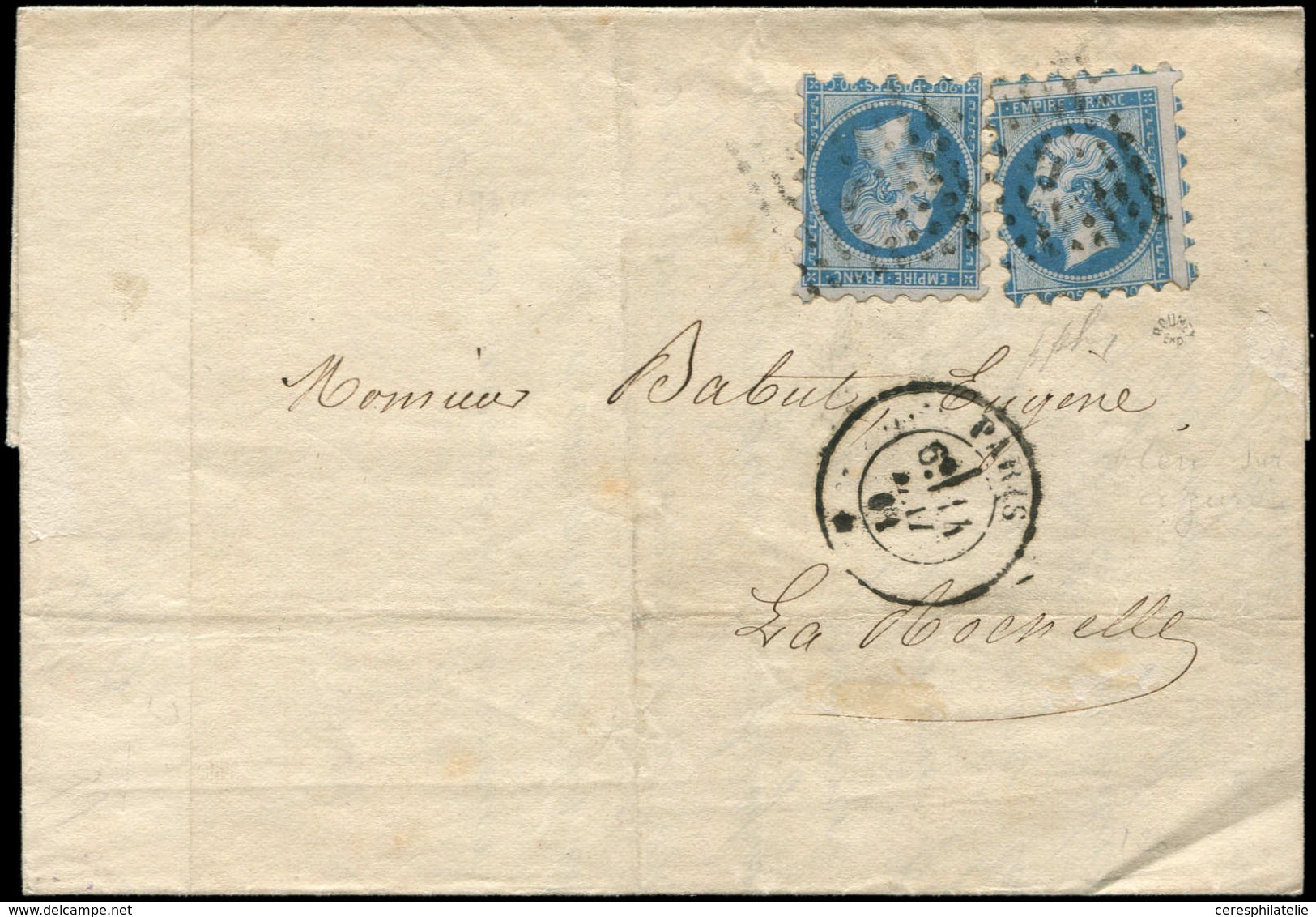 Let EMPIRE NON DENTELE - 14B  20c. Bleu, T II, PIQUAGE SUSSE, 2 Ex. Obl. Los. J Sur LAC, Càd PARIS/* 14/5/61, TB - 1853-1860 Napoleone III