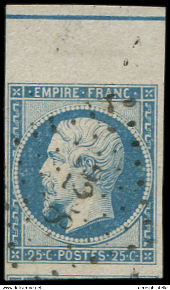 EMPIRE NON DENTELE - L15b 25c. Bleu, Bdf Avec FILET D'ENCADREMENT, Obl. PC, RR Et TTB - 1853-1860 Napoleone III
