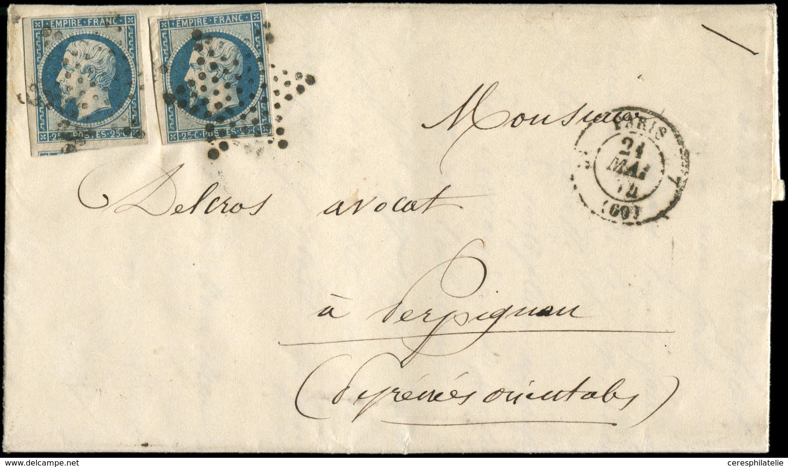 Let EMPIRE NON DENTELE - 15   25c. Bleu, 2 Ex. Obl. ETOILE S. LAC, Càd PARIS 21/5/54, Arr. PERPIGNAN, TB - 1853-1860 Napoléon III.