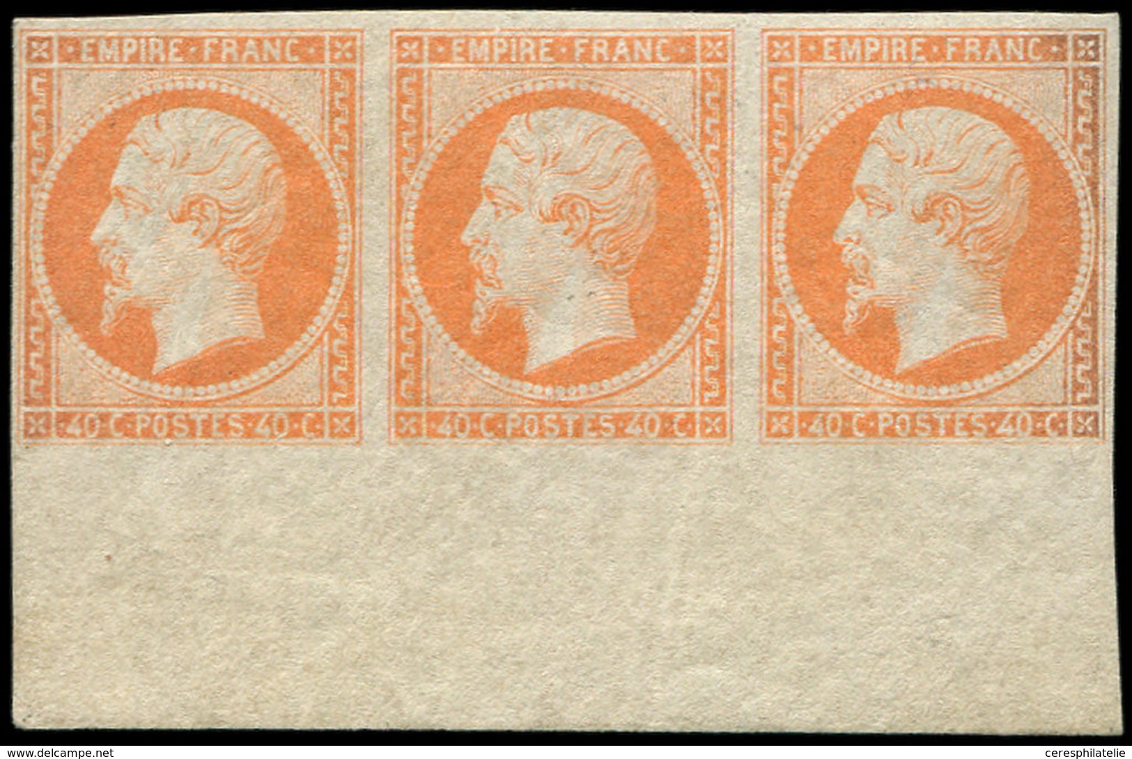 ** EMPIRE NON DENTELE - 16   40c. Orange, BANDE De 3  Bdf, Inf. Craquelure Verticale, Néanmoins RR Et Superbe, Certif. J - 1853-1860 Napoleon III