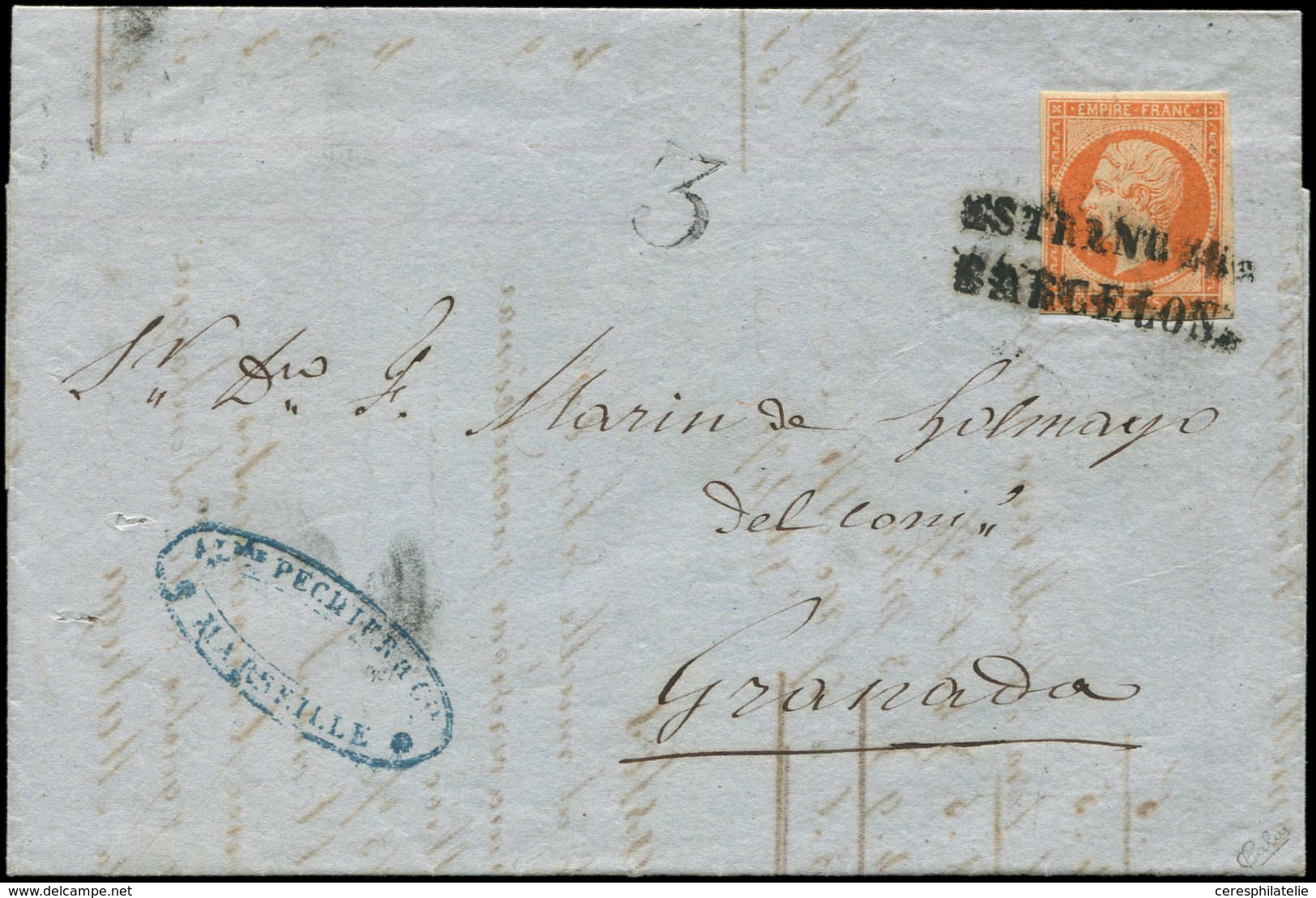Let EMPIRE NON DENTELE - 16   40c. Orange, Obl. ESTRANGERO/BARCELONA S. LAC De MARSEILLE Du 31/12/60, Taxe 3, TB - 1853-1860 Napoleon III