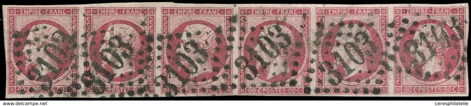 EMPIRE NON DENTELE - 17B  80c. Rose, BANDE De 6 Obl. GC 3103, Un Ex. Pli, Les Autres TB. S - 1853-1860 Napoleon III