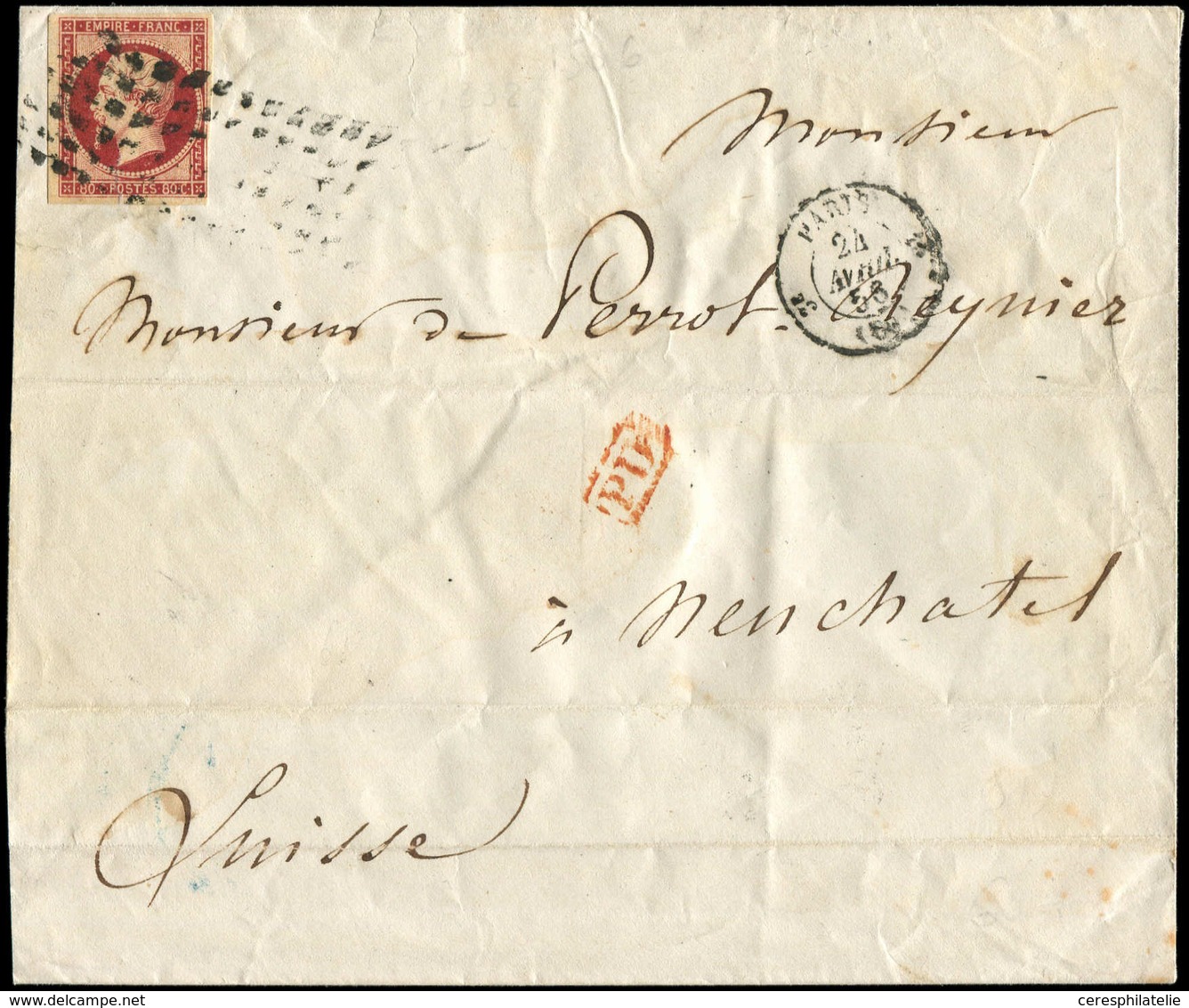 Let EMPIRE NON DENTELE - 17A  80c. Carmin, Obl. GROS POINTS S. Env., Càd PARIS 24/4/56, Arr. NEUCHATEL,  TB - 1853-1860 Napoléon III.