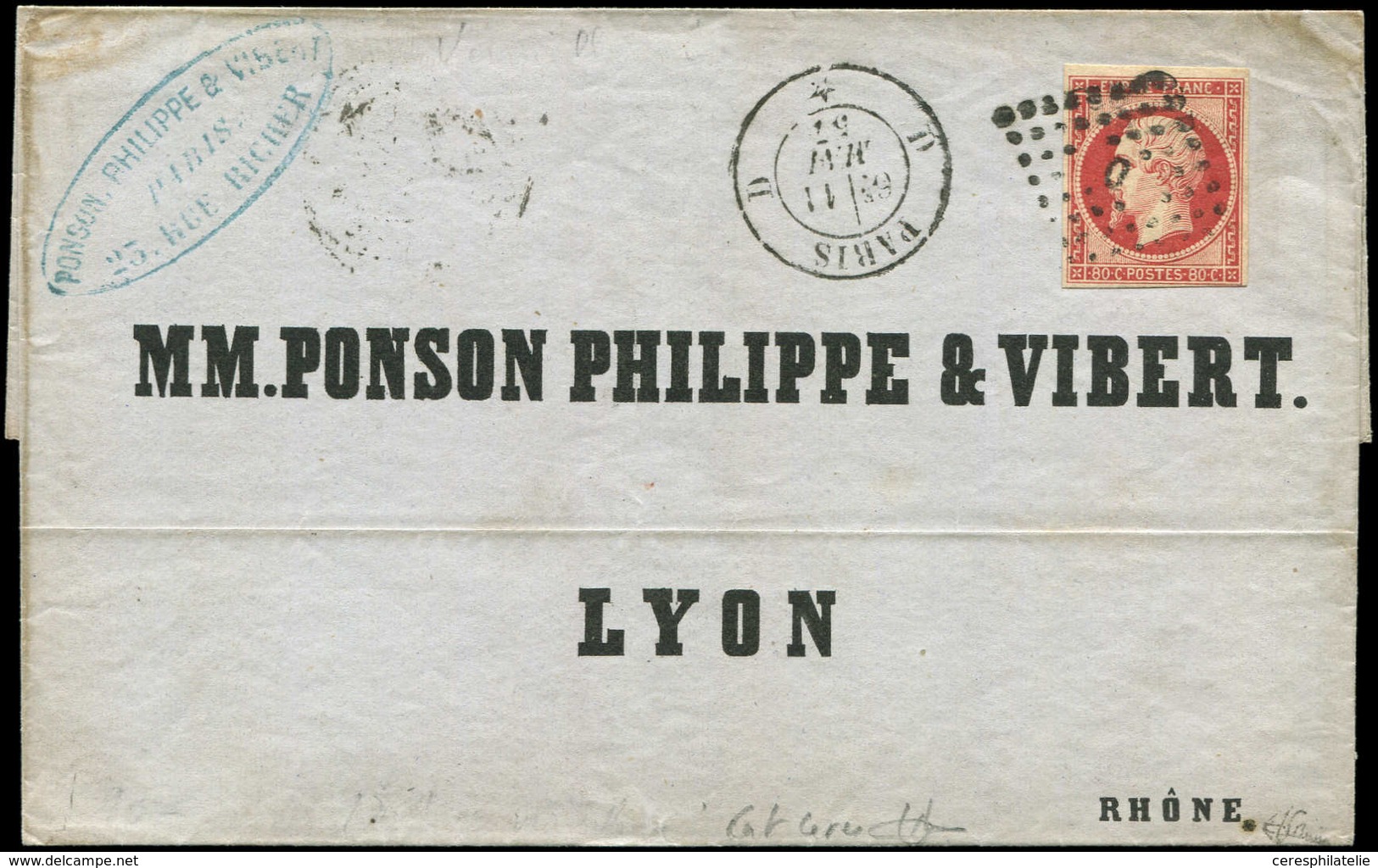 Let EMPIRE NON DENTELE - 17Ad 80c. VERMILLONNE, Obl. Los. D S. LSC, Càd PARIS 11/5/57, Nuance Certifiée JF Brun, TB. J,  - 1853-1860 Napoleone III