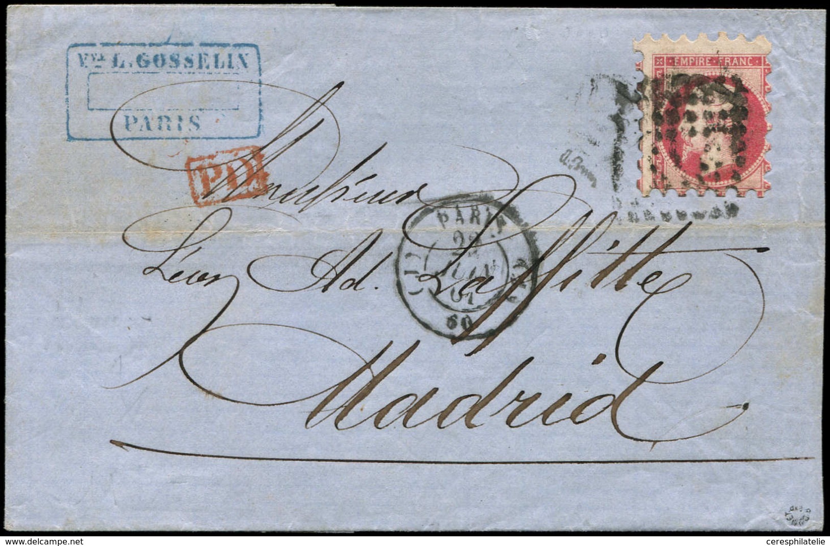 Let EMPIRE NON DENTELE - 17B  80c. Rose, PIQUAGE SUSSE, Obl. Los. J Sur LSC, Càd (J) PARIS (J) 22/6/61, Arr. MADRID Le 2 - 1853-1860 Napoléon III.