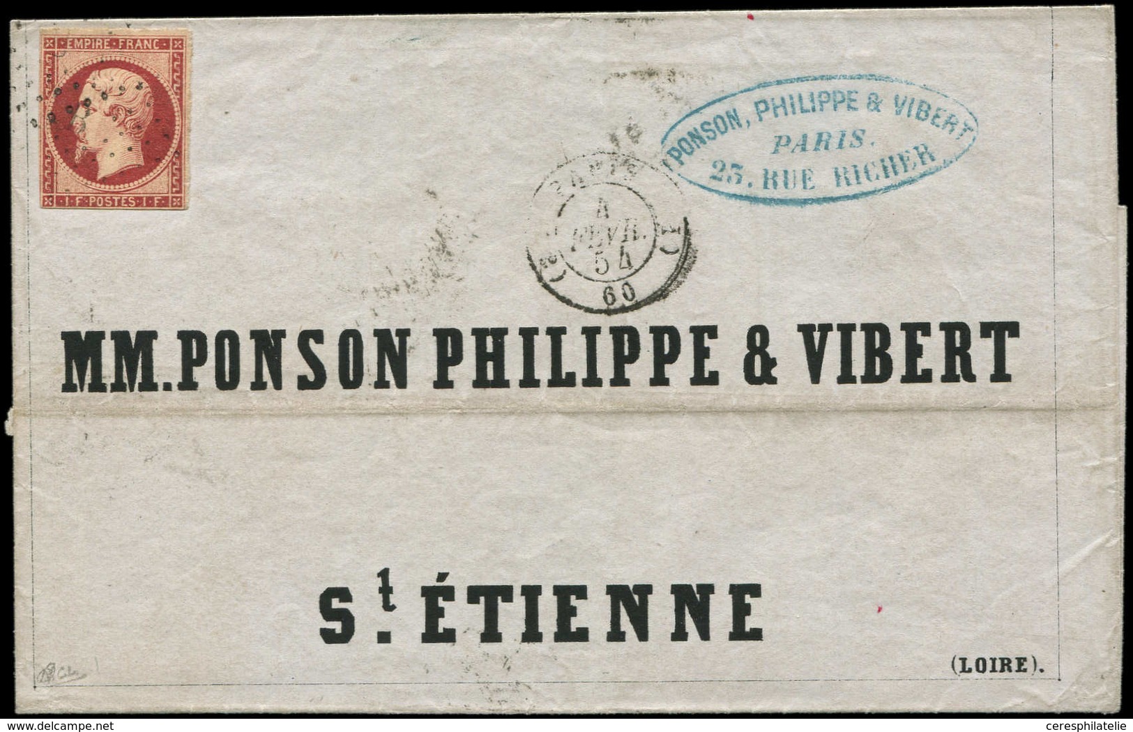 Let EMPIRE NON DENTELE - 18    1f. Carmin, Touché En Bas, Obl. Légère S. LSC De PARIS 4/2/54 à St Etienne, TB - 1853-1860 Napoléon III