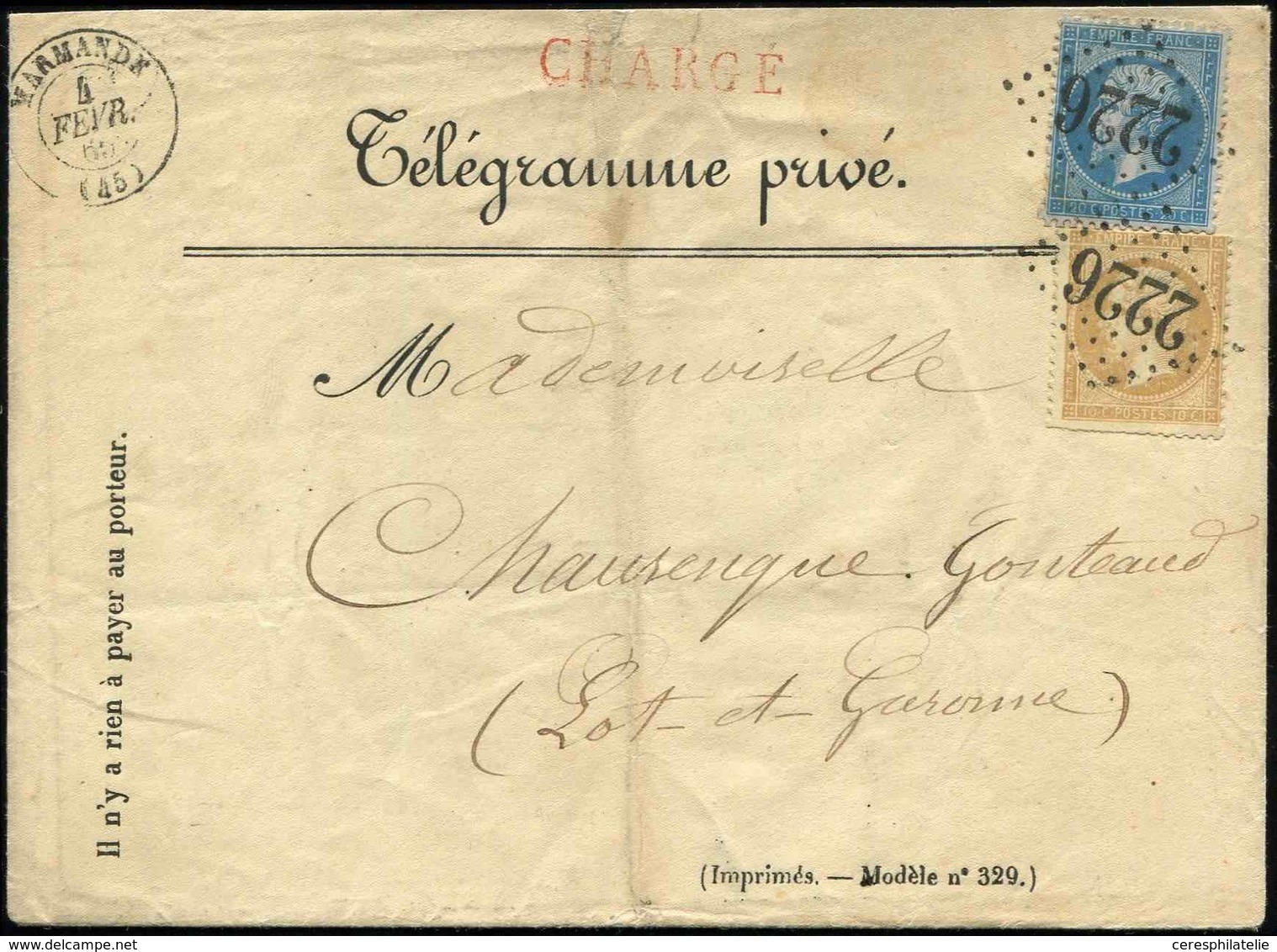 Let EMPIRE DENTELE - 21 Et 22, 10c. Et 20c. Obl. GC 2226 S. TELEGRAMME PRIVE CHARGE, Càd T15 MARMANDE 4/2/65, Verso Inco - 1862 Napoleon III