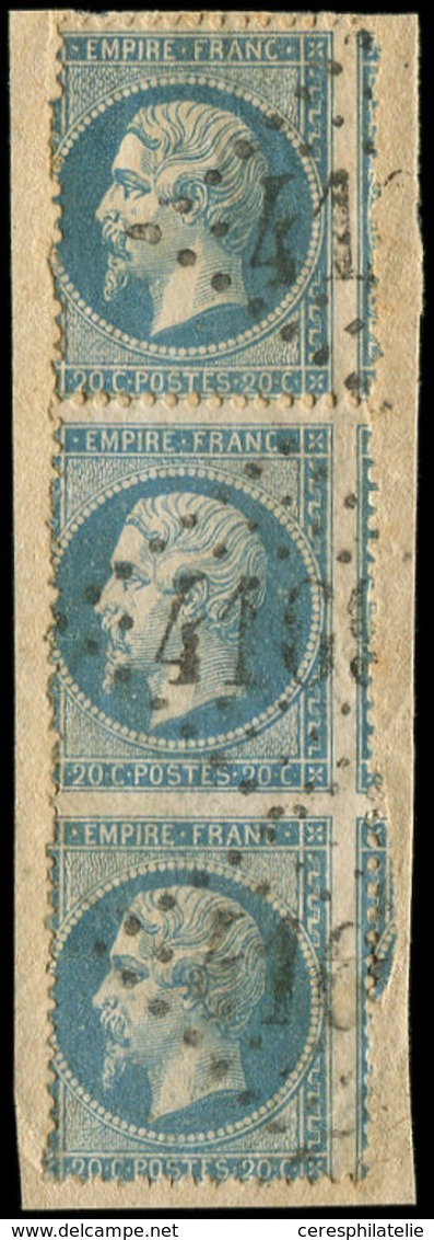 EMPIRE DENTELE - 22   20c. Bleu, BANDE Verticale De 3, PIQUAGE Décalé, 2 Ex. Dentelé 3 Côtés, Obl. GC 4169 Sur Fragt, R - 1862 Napoleon III