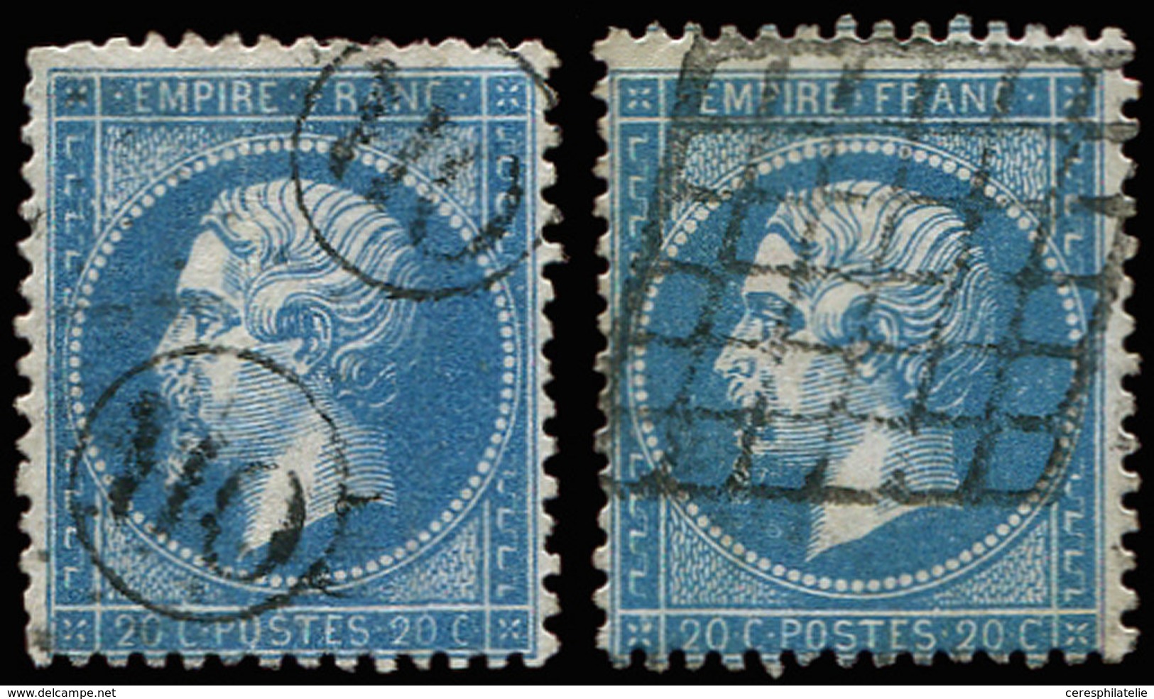 EMPIRE DENTELE - 22   20c. Bleu, 2 Ex. Obl. OR Et GRILLE, TB - 1862 Napoléon III.