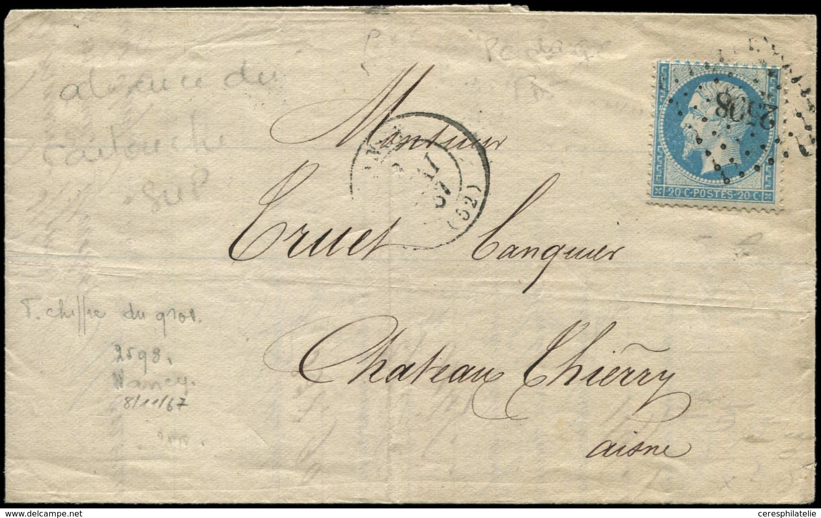 Let EMPIRE DENTELE - 22   20c. Bleu, Format Réduit SANS République Française Obl. PC Du GC 2598 S. LAC, Càd T15 NANCY (8 - 1862 Napoleon III