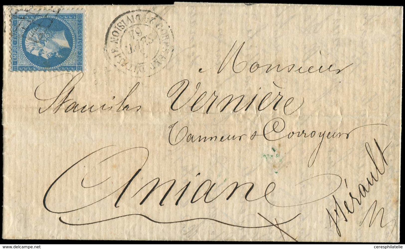 Let EMPIRE DENTELE - 22   20c. Bleu, Obl. GRILLE S. LAC, Càd CORPS EXP. D'ITALIE 2e DIVISION 3/9/64, Arr. ANIANE 7/9, TB - 1862 Napoleon III