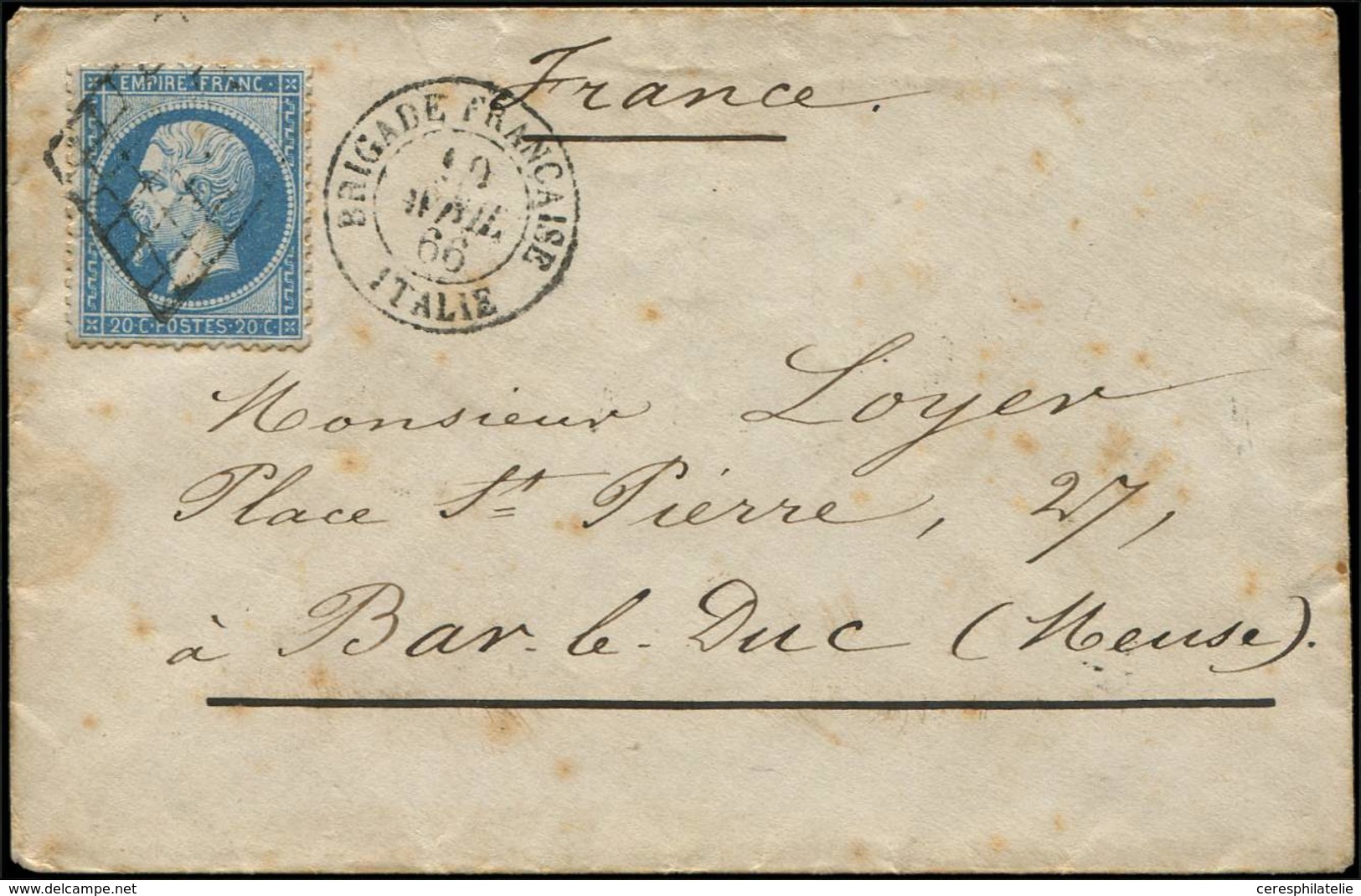 Let EMPIRE DENTELE - 22   20c. Bleu, Obl. GRILLE S. Env., Càd BRIGADE FRANCAISE ITALIE 10/4/66, Frappes TTB - 1862 Napoléon III.
