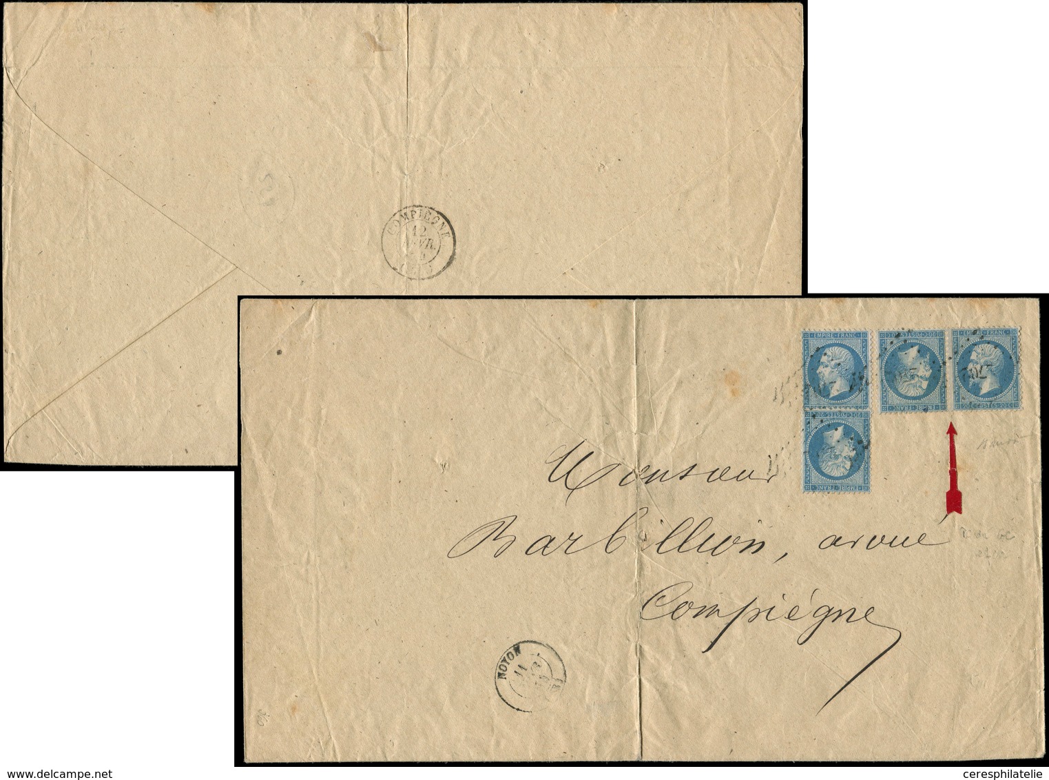 Let EMPIRE DENTELE - T22b 20c. Bleu, TETE-BECHE Et 2 Unités Obl. PC Du GC 2702 S. Grande Env., Càd T15 NOYON 11/2/64, TB - 1862 Napoleon III