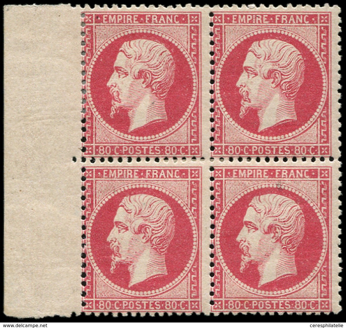 ** EMPIRE DENTELE - 24   80c. Rose, BLOC De 4 Bdf, Les 2 Ex. Bdf Sont *, Frais Et TB. J - 1862 Napoleon III